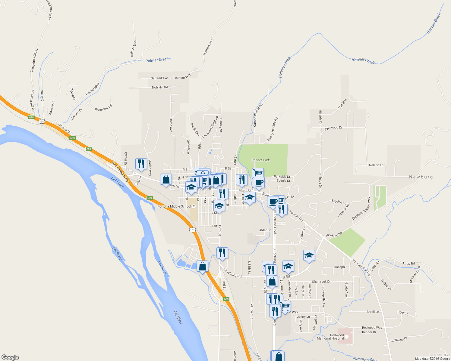 map of restaurants, bars, coffee shops, grocery stores, and more near 806 13th Street in Fortuna