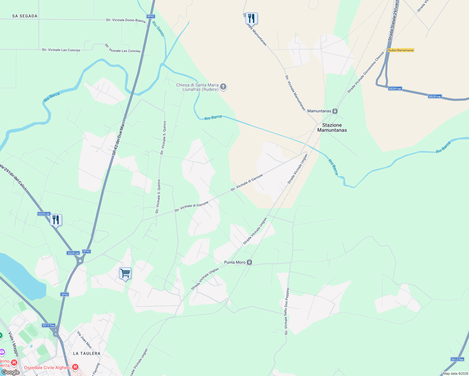 map of restaurants, bars, coffee shops, grocery stores, and more near 82 Strada Vicinale di Garrone in Città metropolitana di Sassari