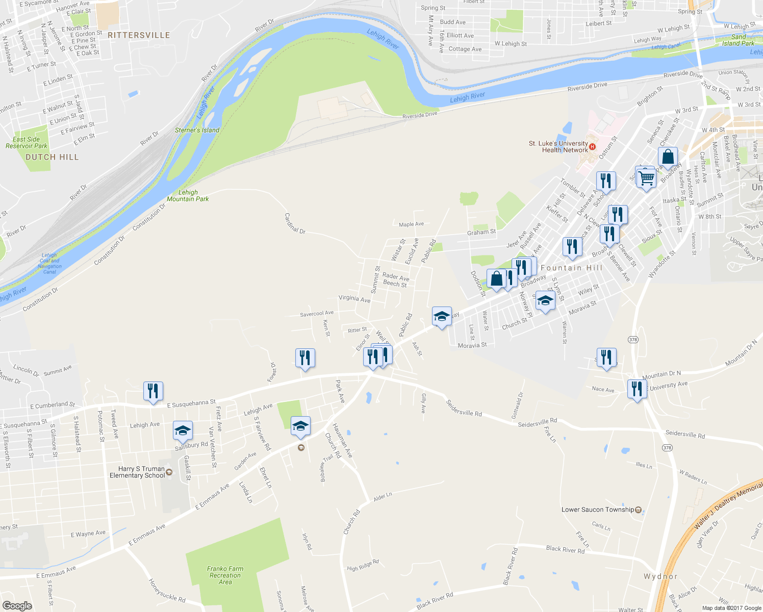 map of restaurants, bars, coffee shops, grocery stores, and more near 1714 Virginia Avenue in Bethlehem