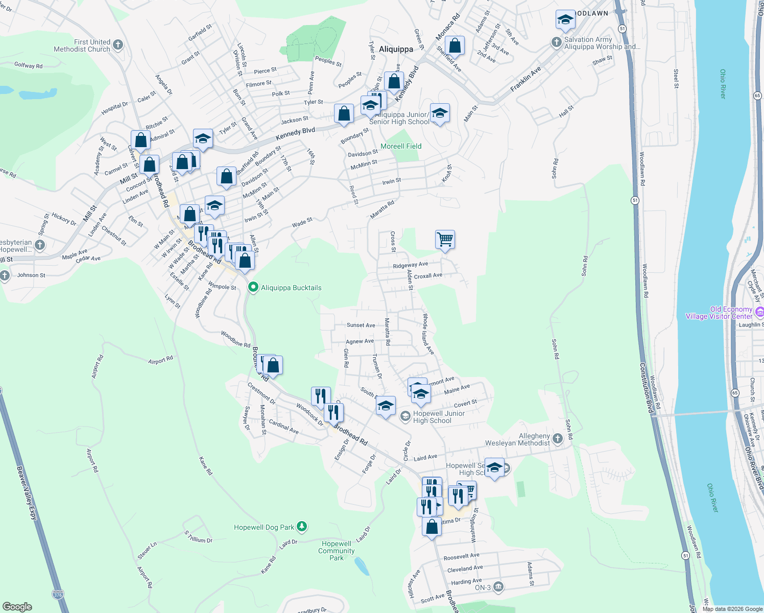 map of restaurants, bars, coffee shops, grocery stores, and more near 1545 Maratta Road in Aliquippa