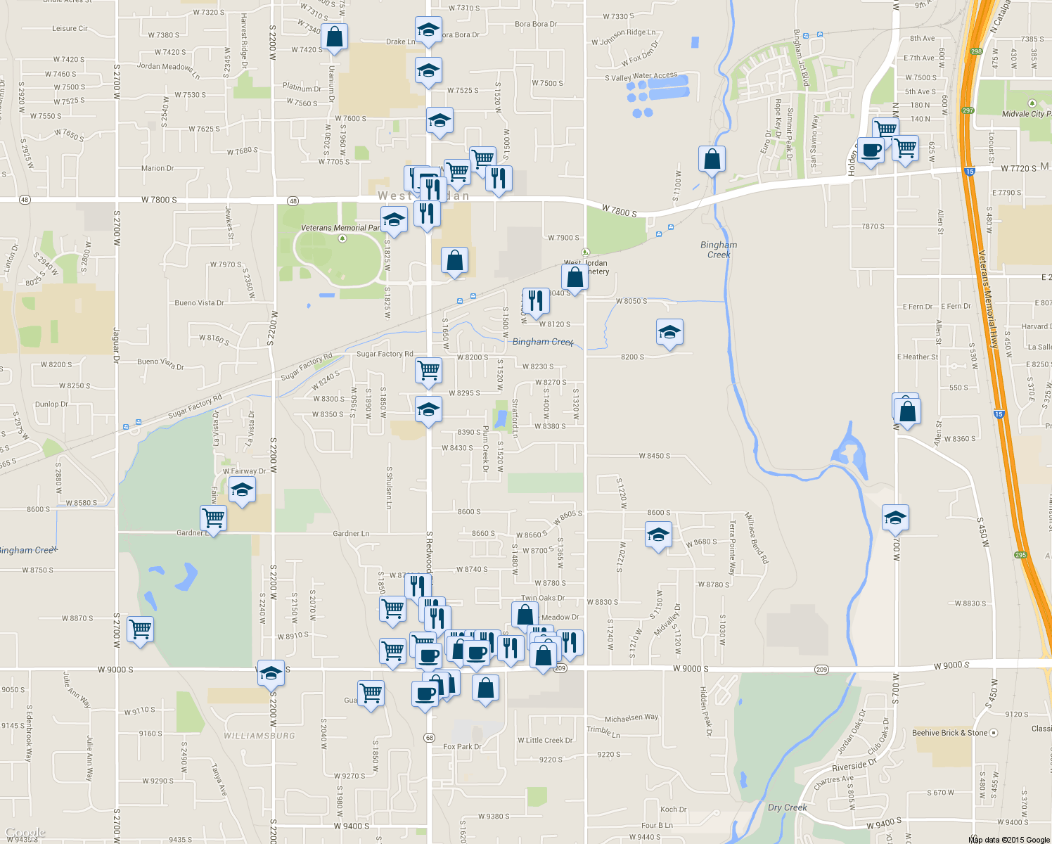 map of restaurants, bars, coffee shops, grocery stores, and more near 1452 West 8380 South in West Jordan