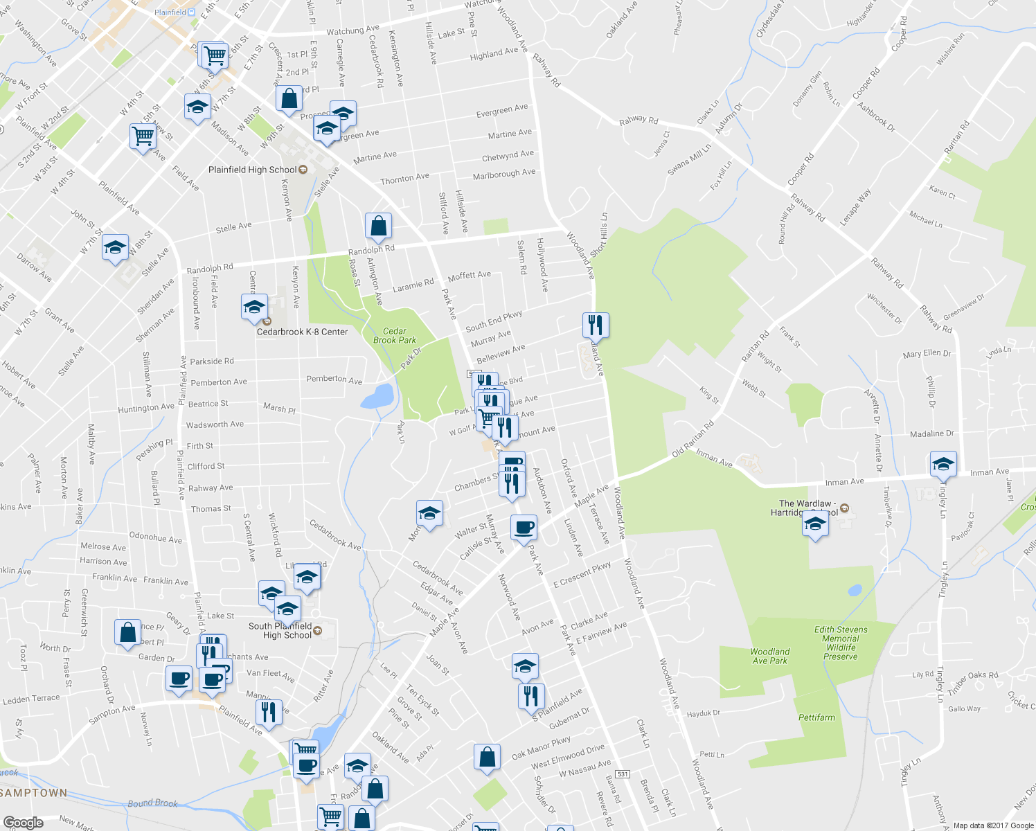 map of restaurants, bars, coffee shops, grocery stores, and more near 145 East Golf Avenue in South Plainfield