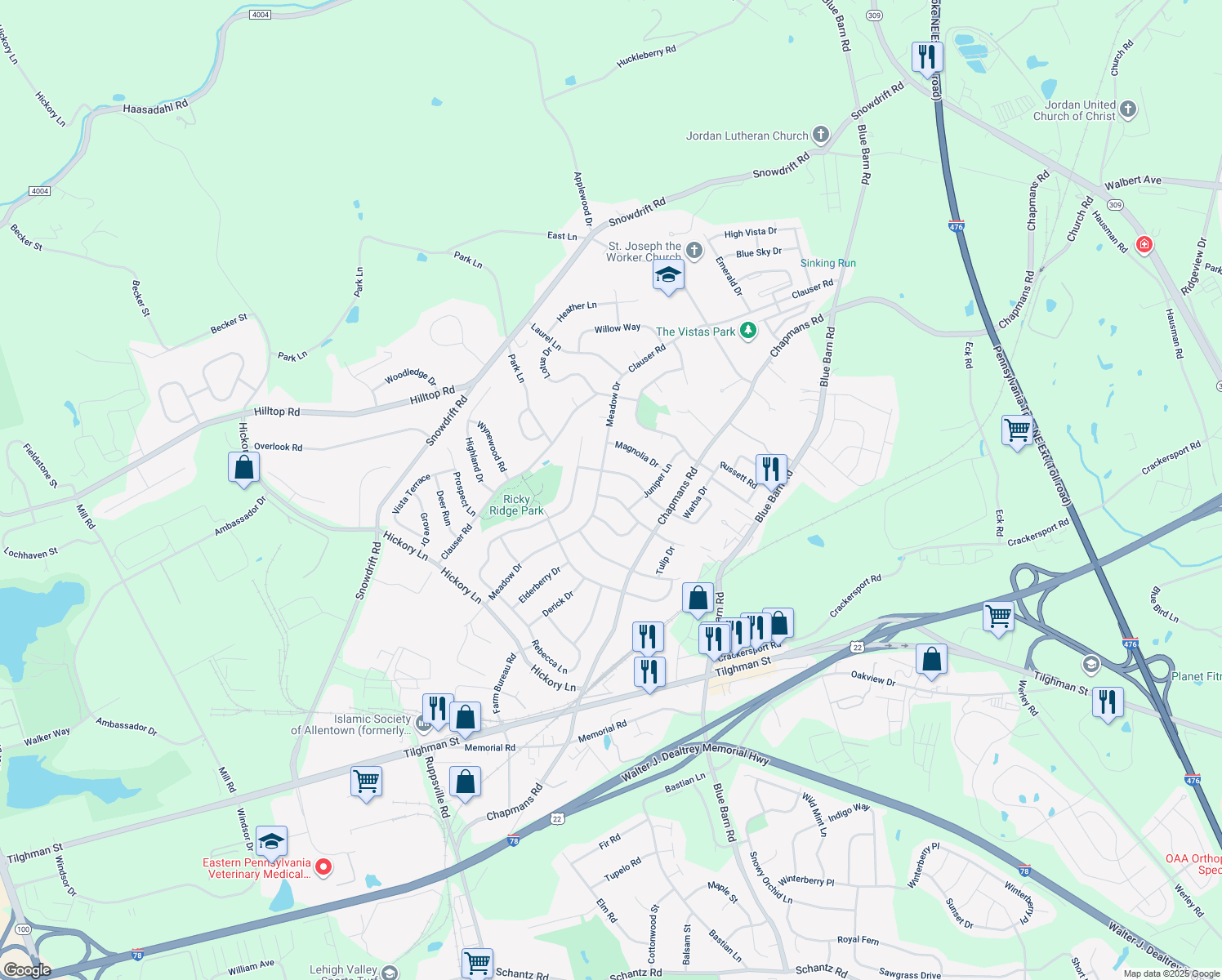 map of restaurants, bars, coffee shops, grocery stores, and more near 1341 Cathedral Lane in Lehigh County