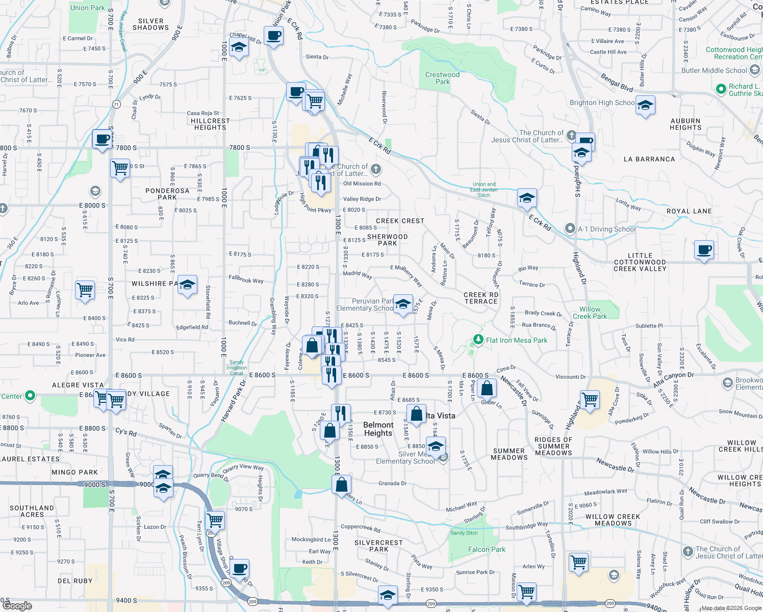 map of restaurants, bars, coffee shops, grocery stores, and more near 8360 South El Manicero Way in Sandy