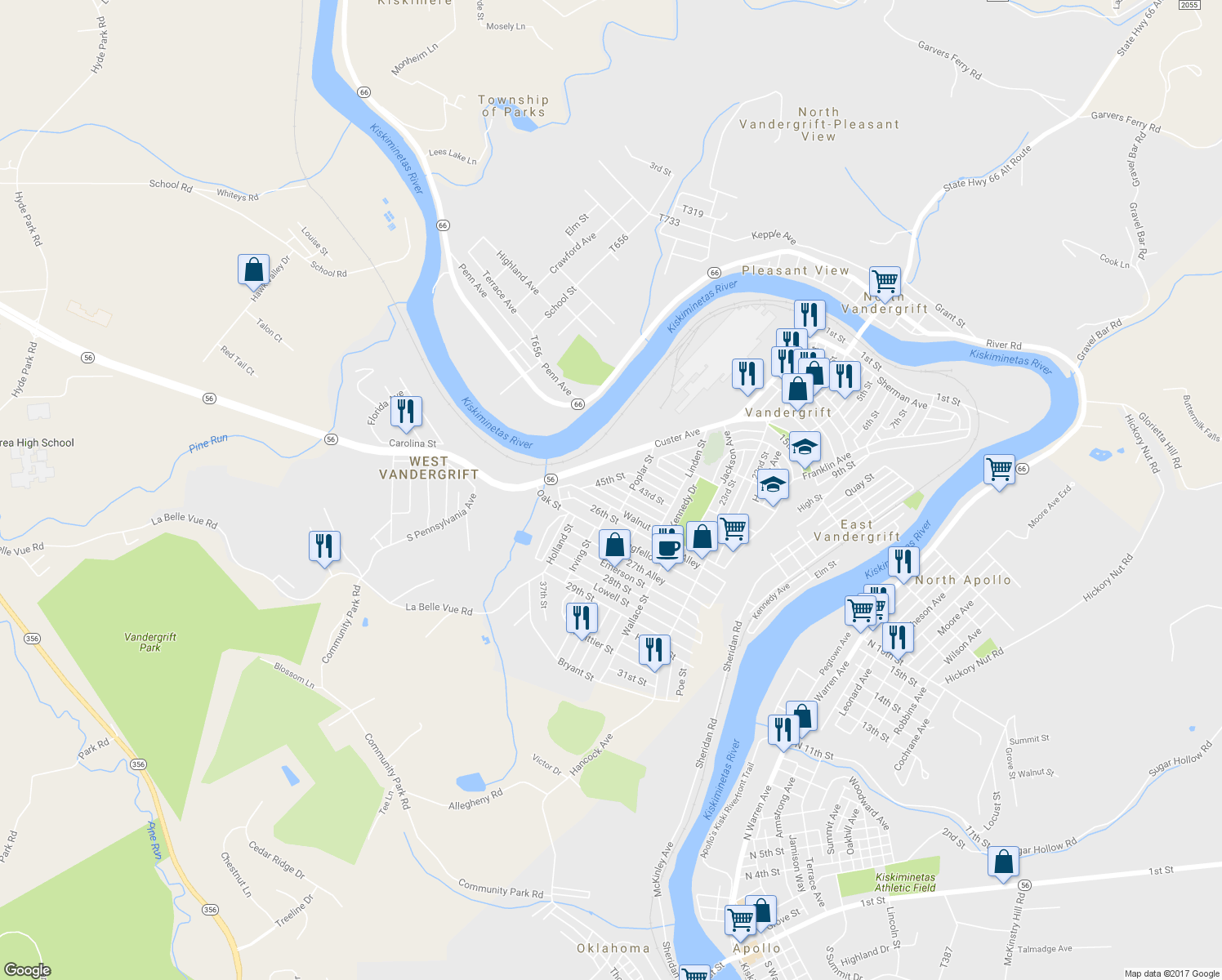 map of restaurants, bars, coffee shops, grocery stores, and more near 517 Sycamore Street in Vandergrift