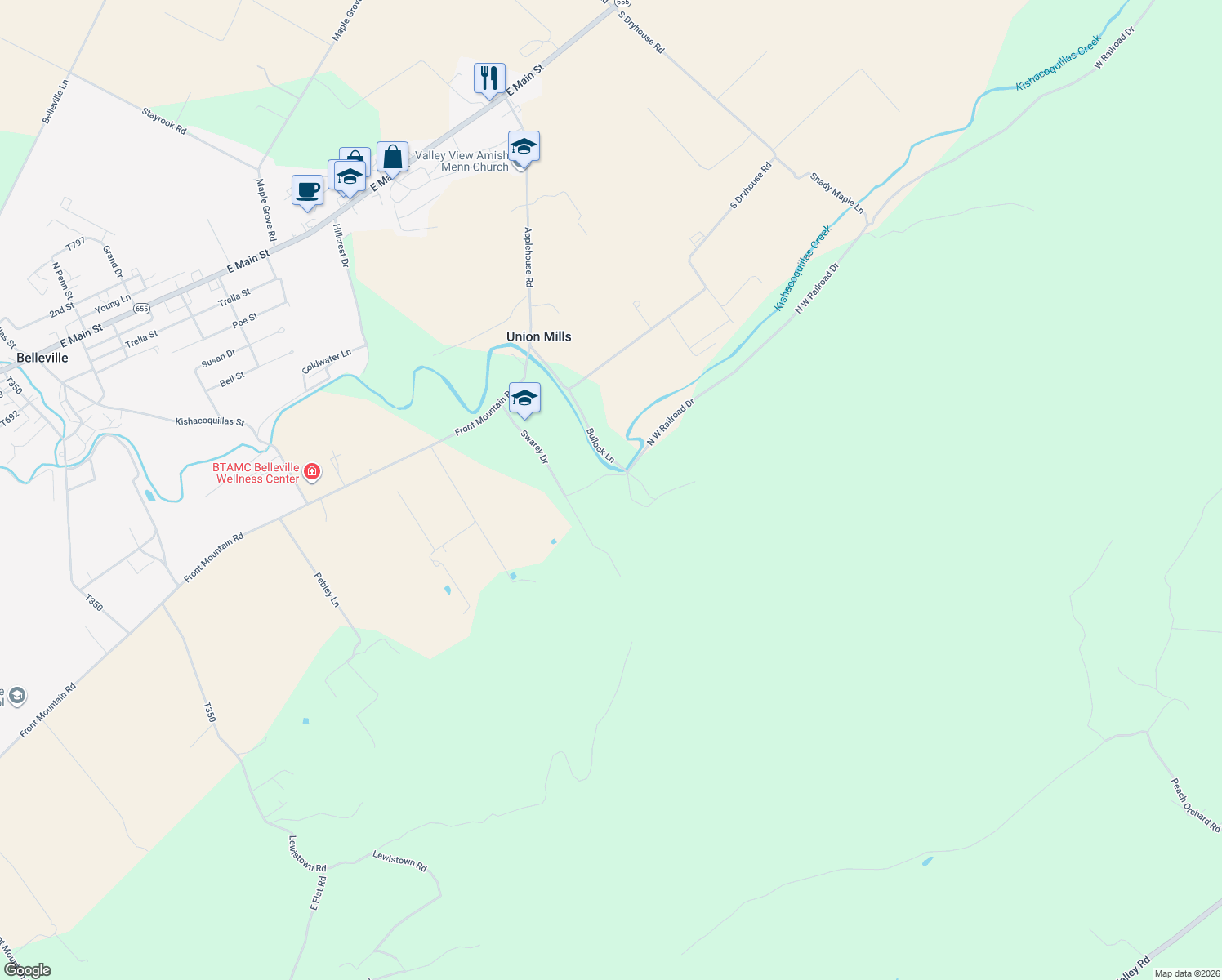 map of restaurants, bars, coffee shops, grocery stores, and more near 178 Bullock Lane in Belleville