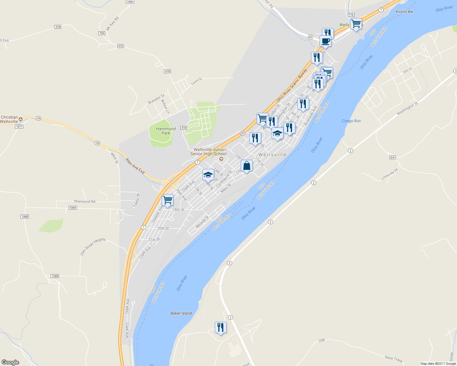 map of restaurants, bars, coffee shops, grocery stores, and more near 1433 Main Street in Wellsville