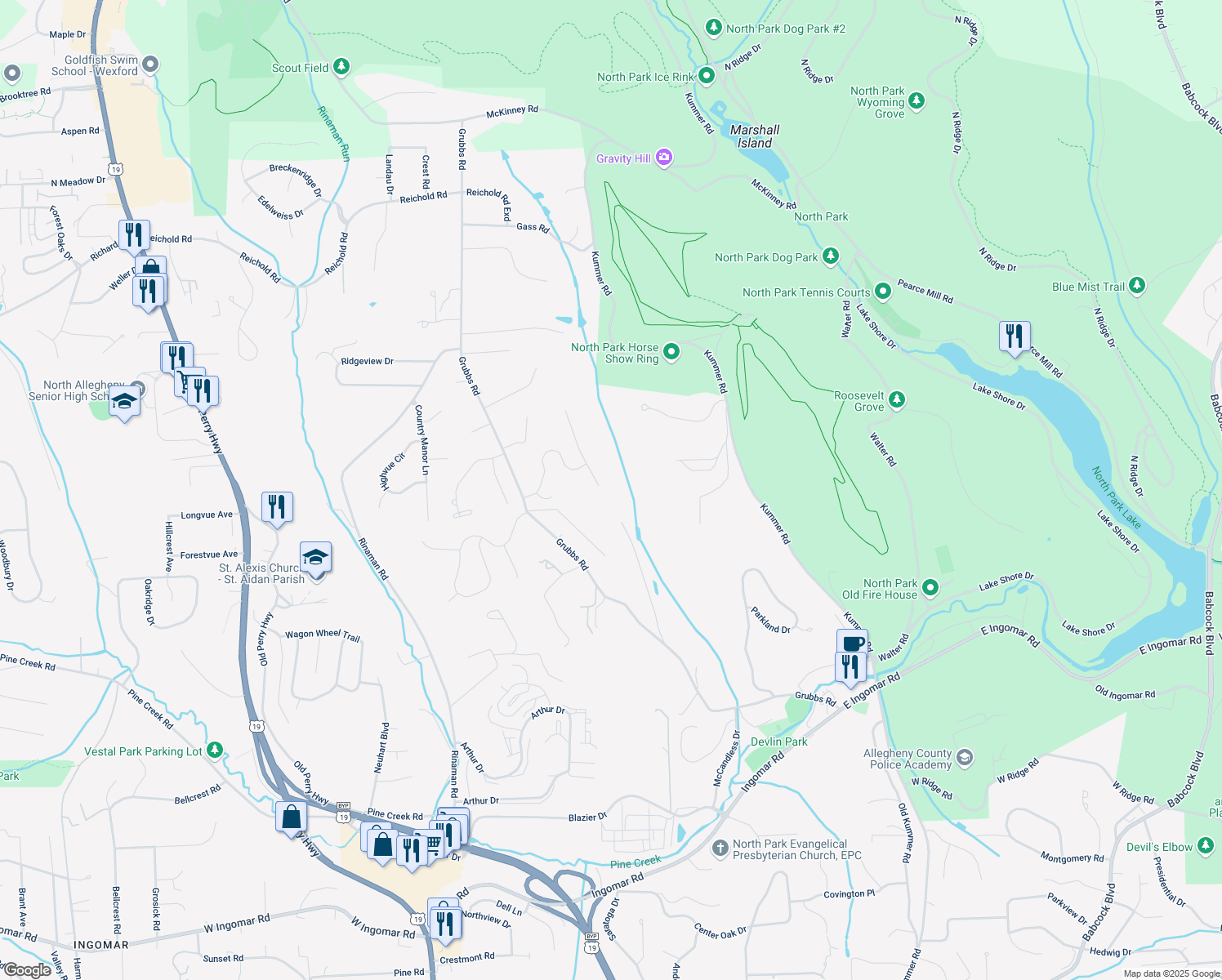 map of restaurants, bars, coffee shops, grocery stores, and more near 10106 Deer View Point Road in Wexford