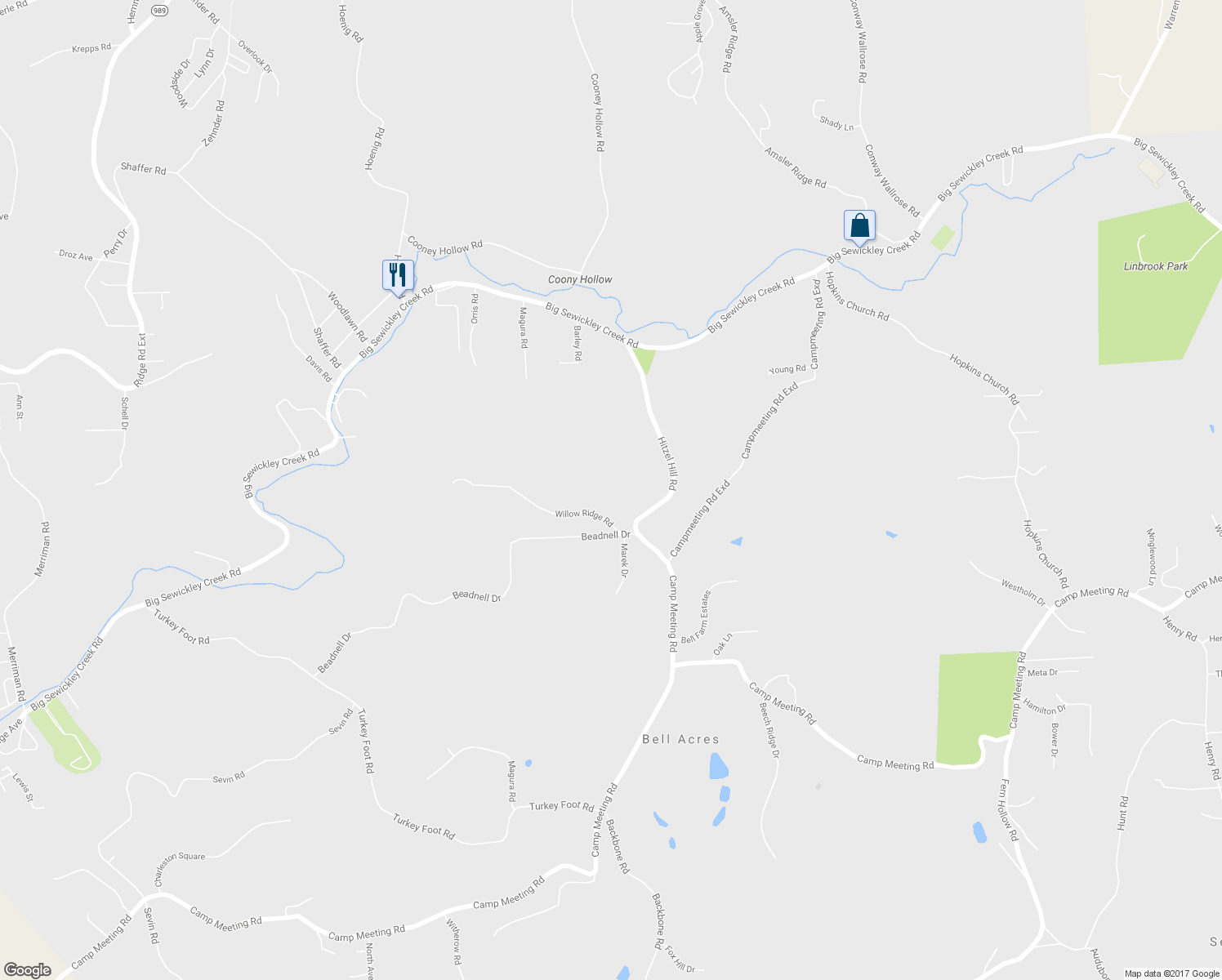 map of restaurants, bars, coffee shops, grocery stores, and more near 104 Willow Ridge Road in Sewickley