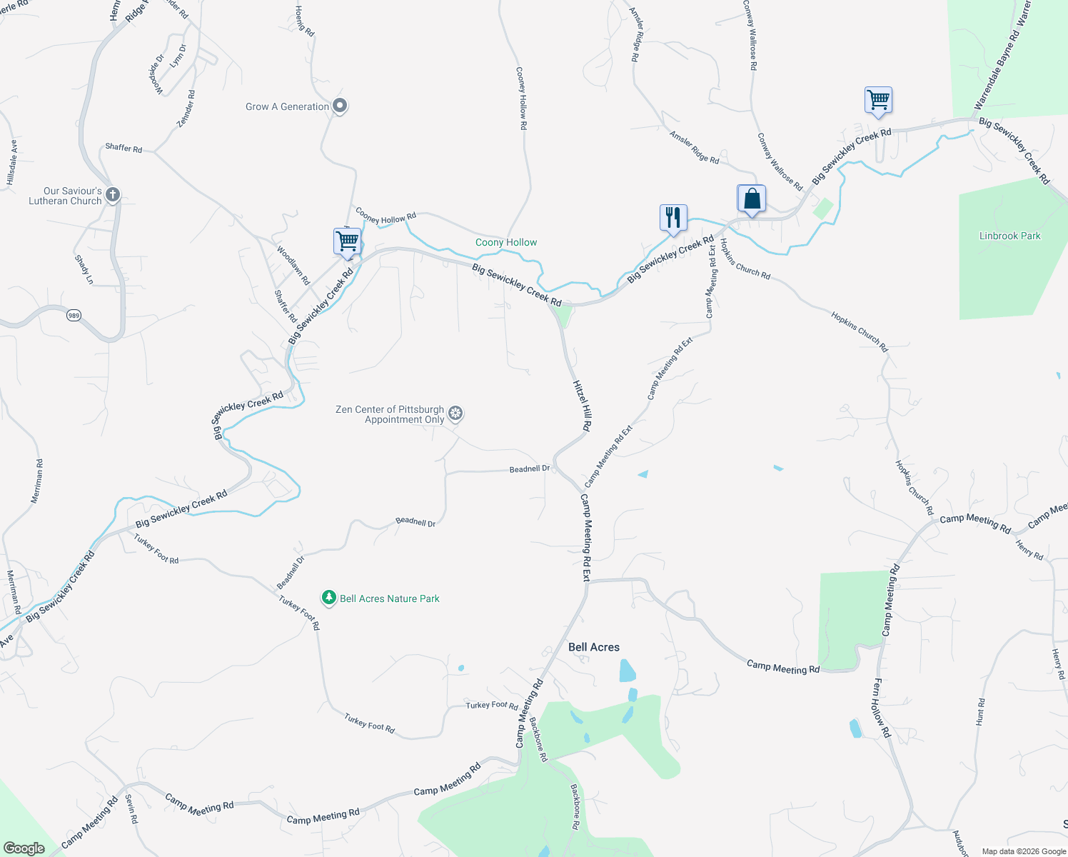 map of restaurants, bars, coffee shops, grocery stores, and more near 104 Willow Ridge Road in Sewickley