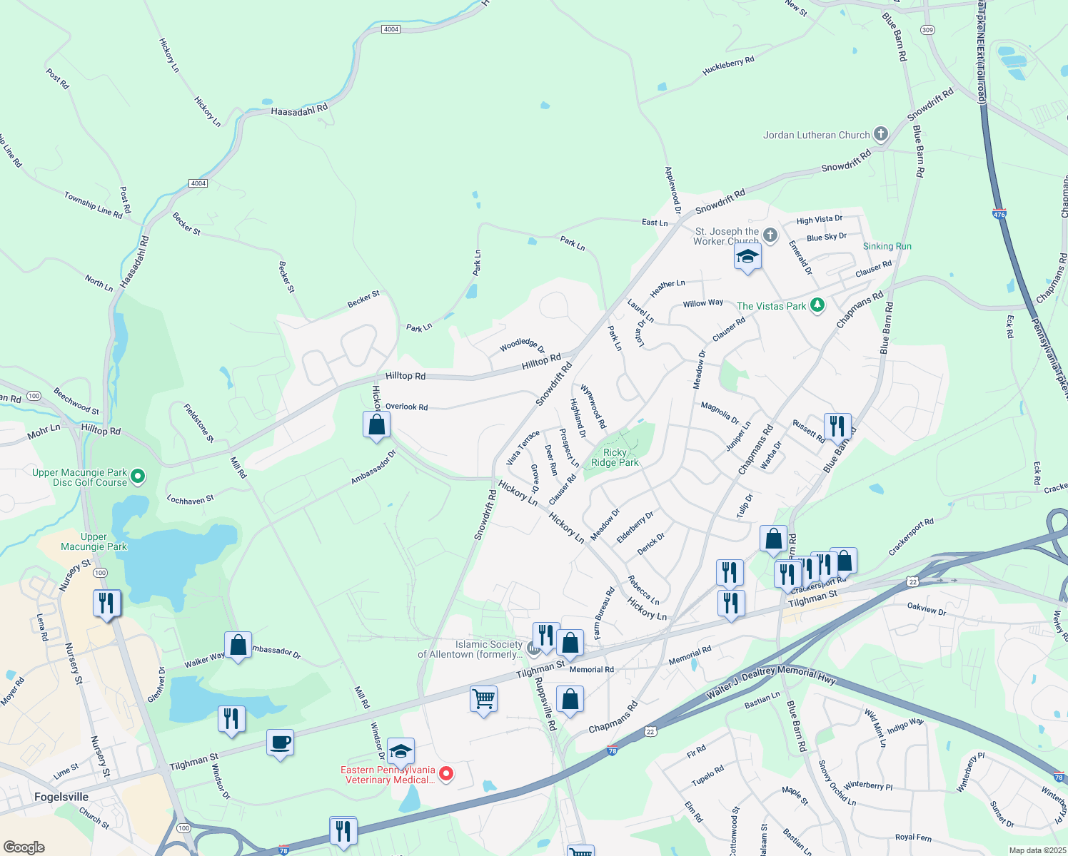 map of restaurants, bars, coffee shops, grocery stores, and more near 6121 Vista Terrace in Lehigh County