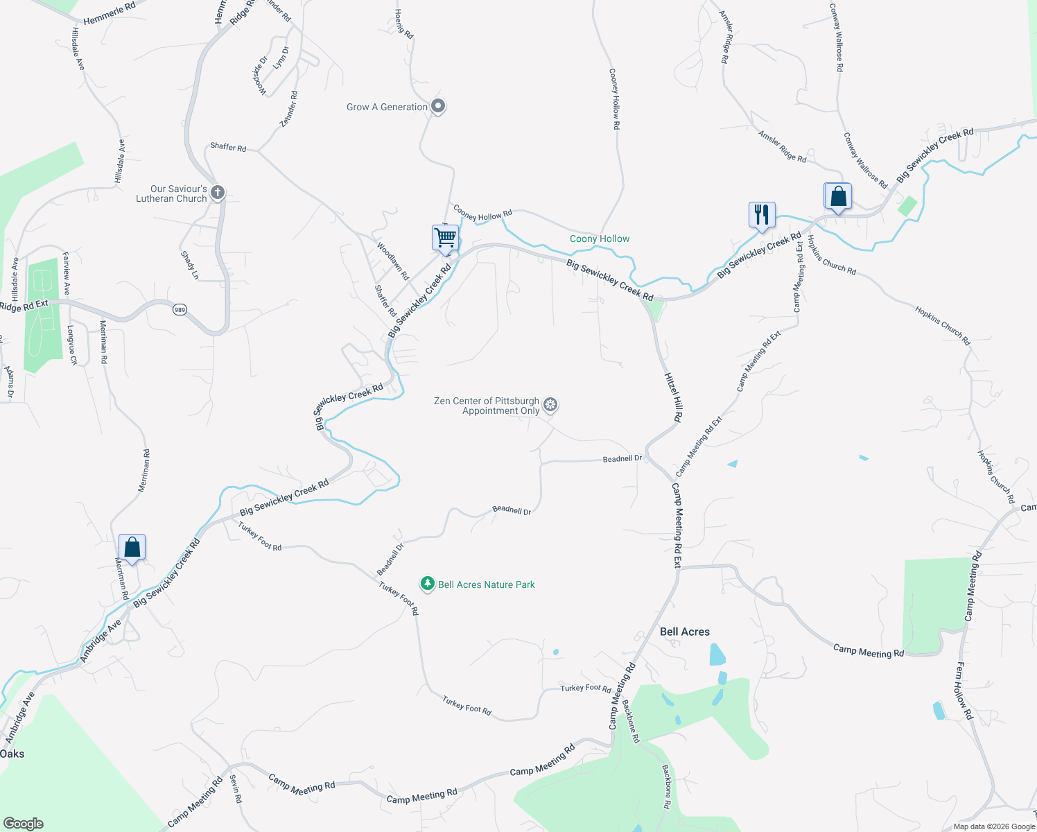 map of restaurants, bars, coffee shops, grocery stores, and more near 130 Willow Ridge Road in Sewickley