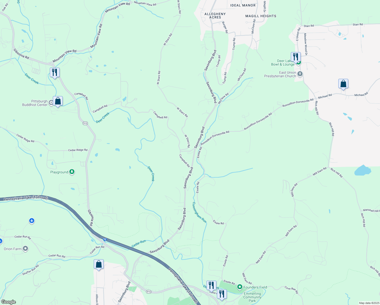map of restaurants, bars, coffee shops, grocery stores, and more near 105 Russellton-Dorseyville Road in Cheswick