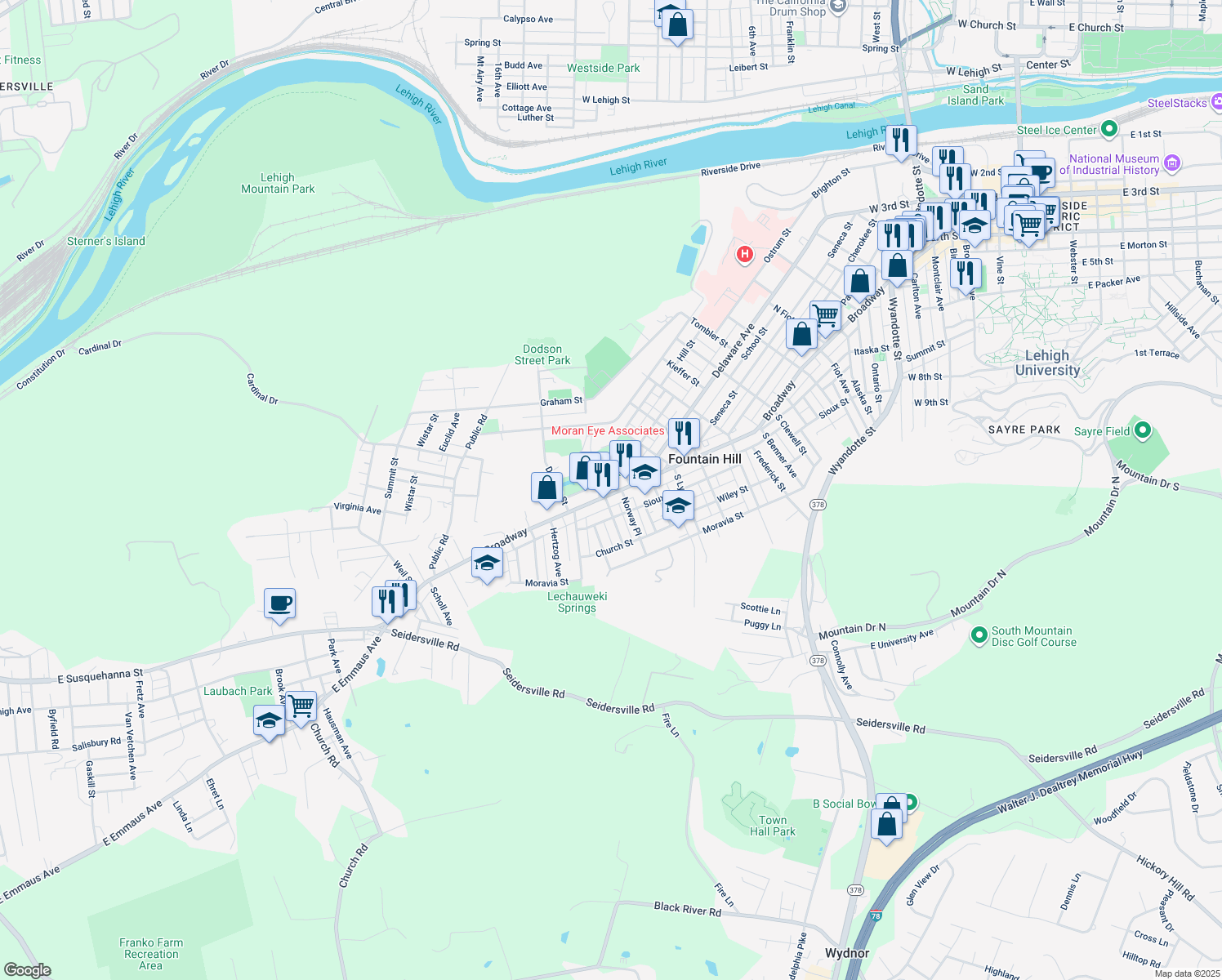 map of restaurants, bars, coffee shops, grocery stores, and more near 1319 Broadway in Fountain Hill