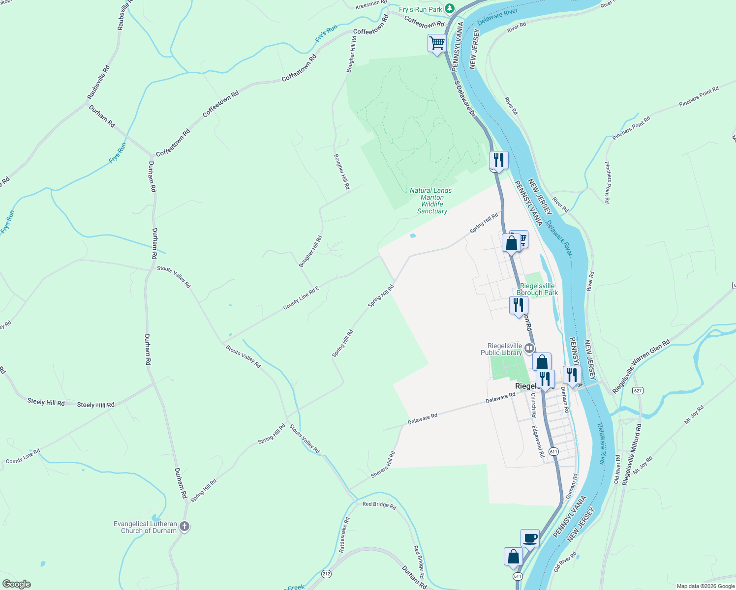 map of restaurants, bars, coffee shops, grocery stores, and more near 820 Spring Hill Road in Riegelsville