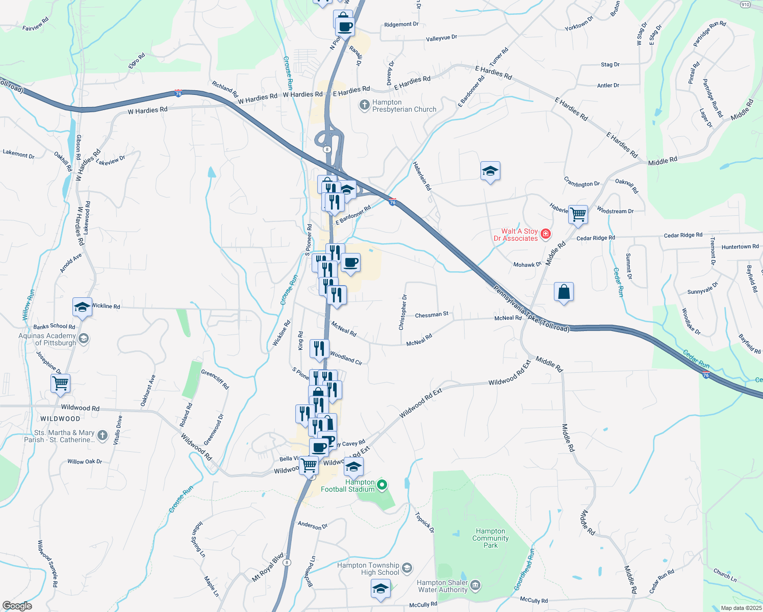 map of restaurants, bars, coffee shops, grocery stores, and more near 2918 Grandview Dr in Hampton Township