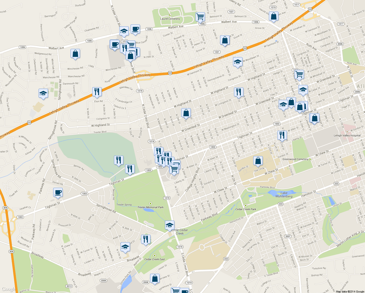 map of restaurants, bars, coffee shops, grocery stores, and more near 2922 West Washington Street in Allentown