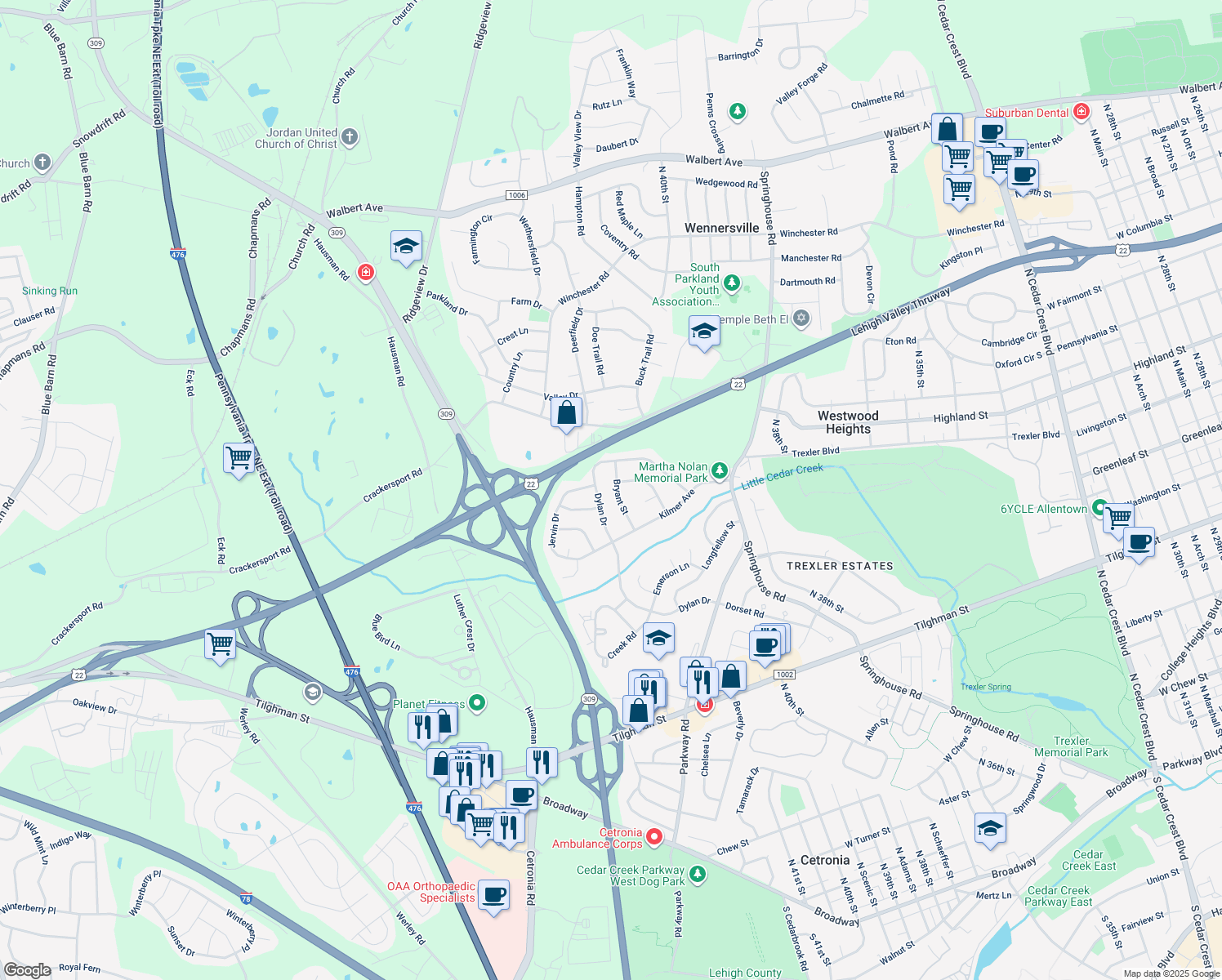 map of restaurants, bars, coffee shops, grocery stores, and more near 1120 Bryant St in Allentown