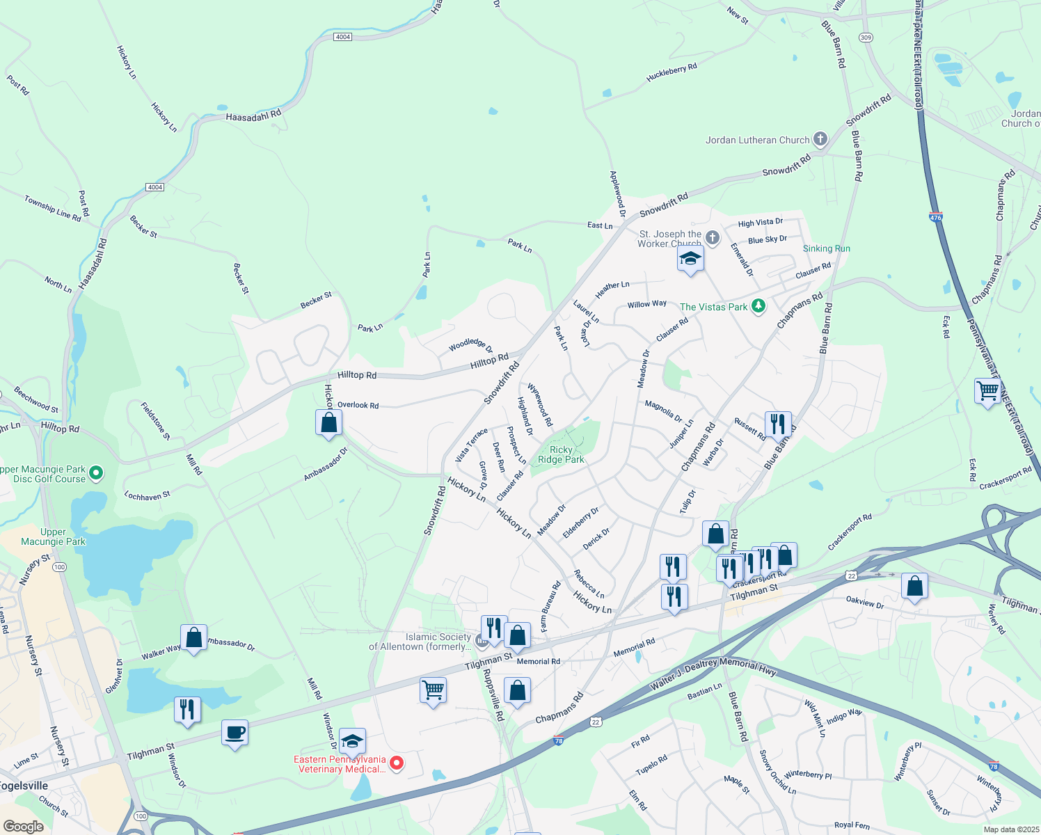 map of restaurants, bars, coffee shops, grocery stores, and more near 1216 Highland Drive in Lehigh County