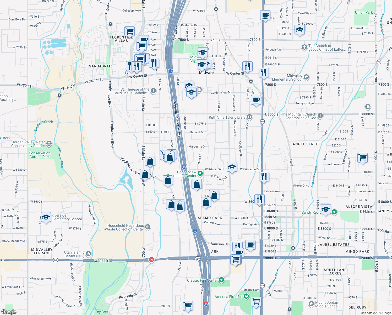 map of restaurants, bars, coffee shops, grocery stores, and more near 8299 Hoover Street in Midvale