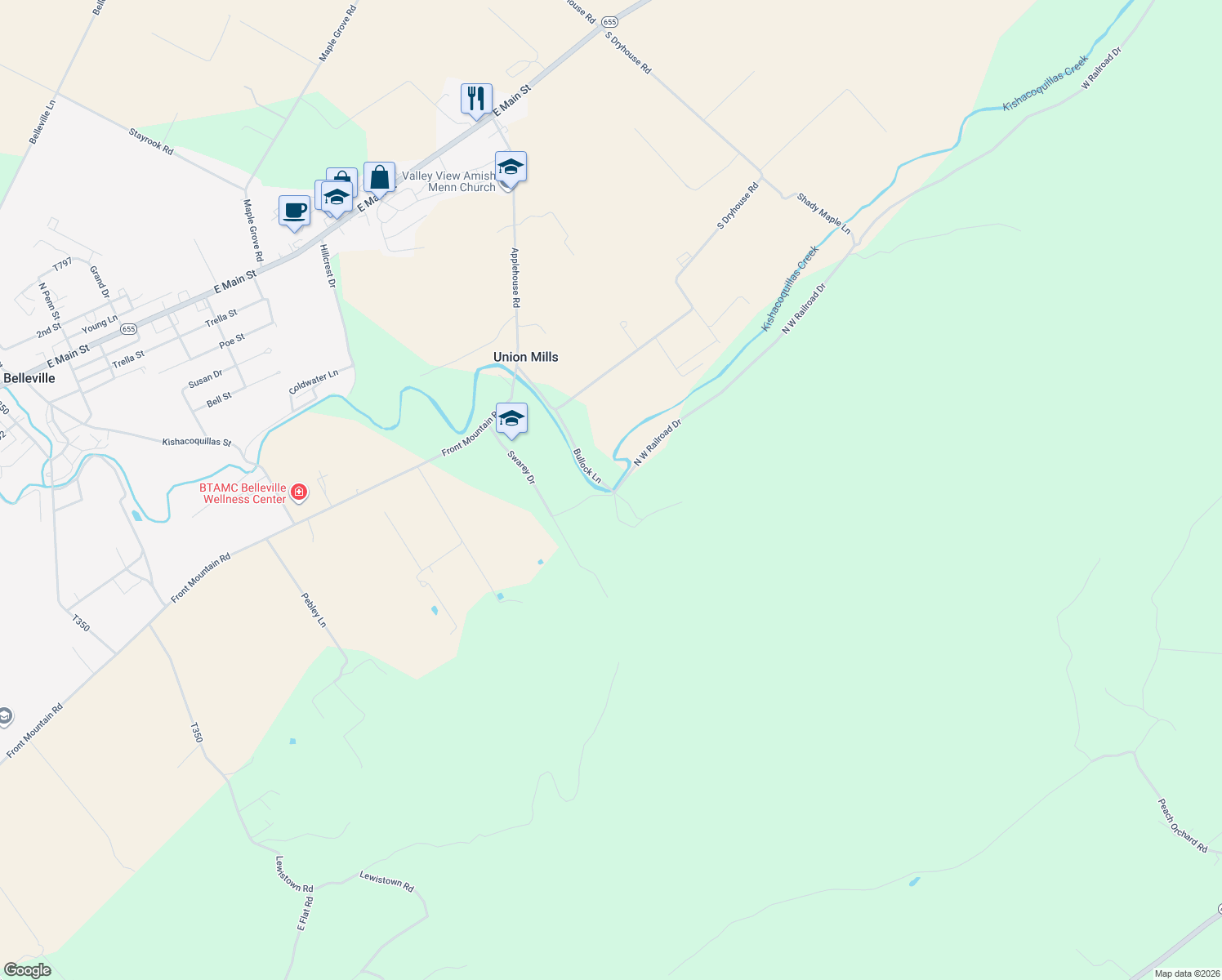 map of restaurants, bars, coffee shops, grocery stores, and more near 178 Bullock Lane in Belleville