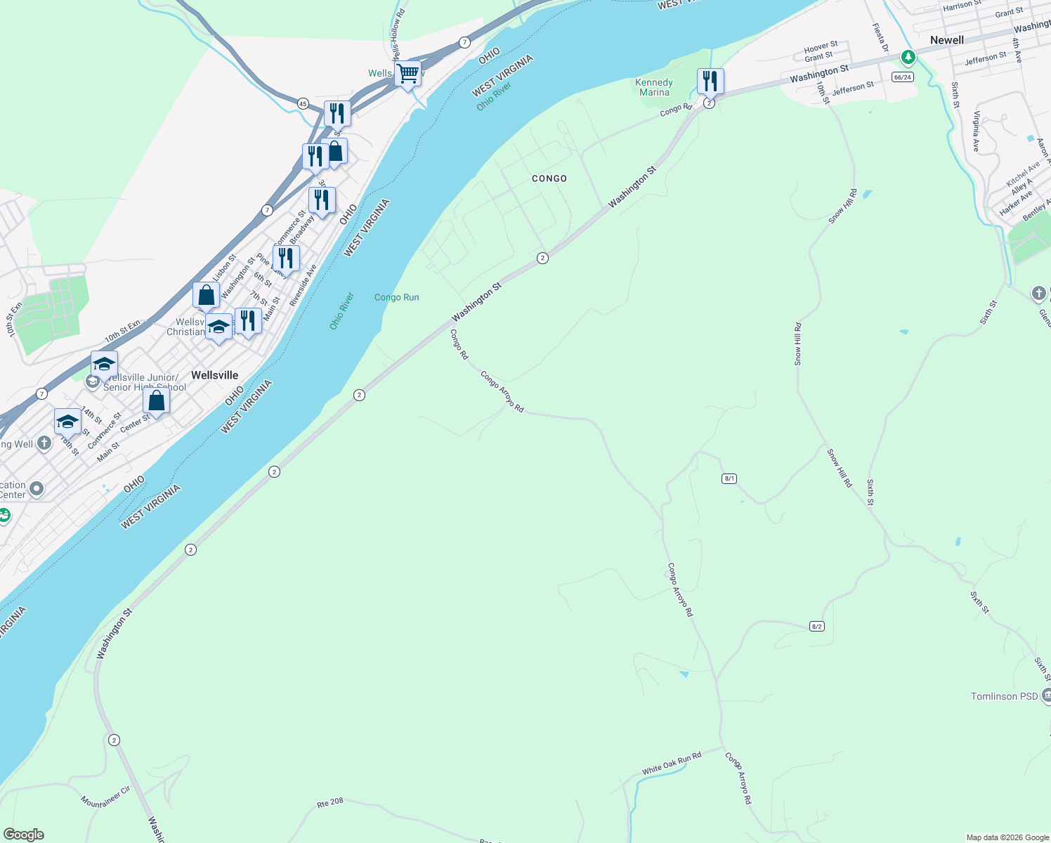 map of restaurants, bars, coffee shops, grocery stores, and more near 1883 Congo Arroyo Rd in New Cumberland