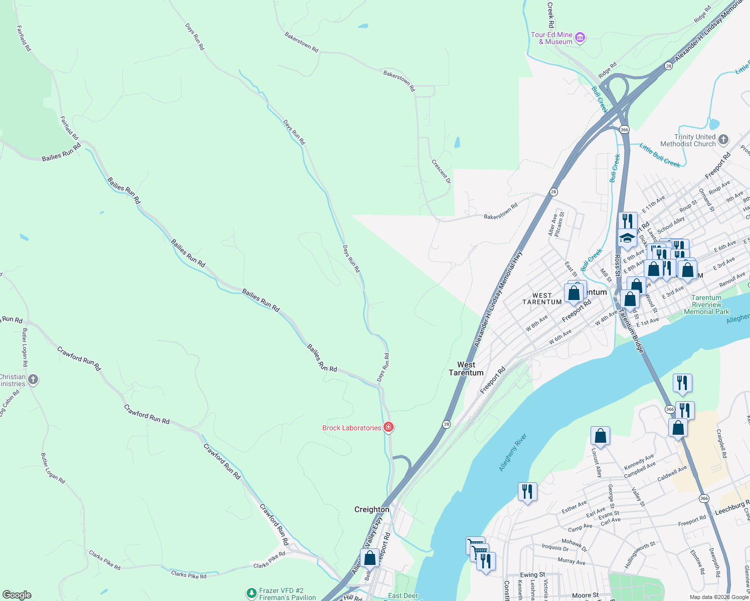 map of restaurants, bars, coffee shops, grocery stores, and more near 358 Days Run Road in Tarentum