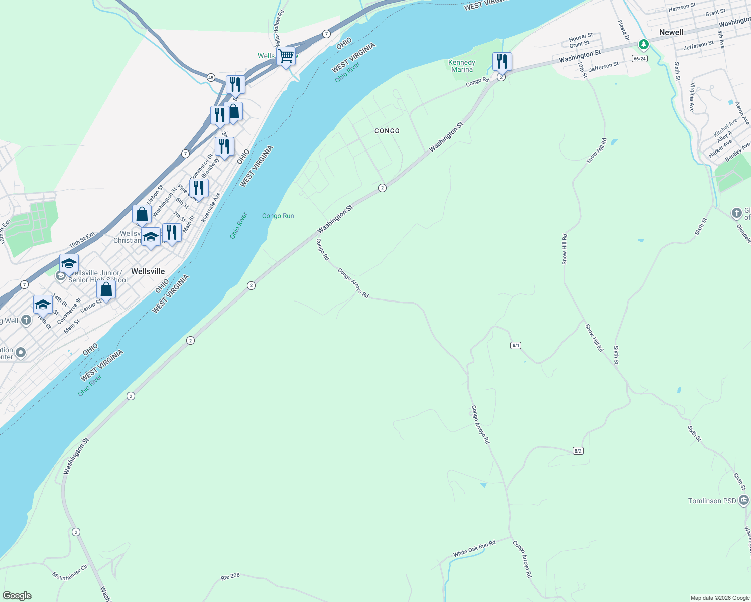 map of restaurants, bars, coffee shops, grocery stores, and more near 1883 Congo Arroyo Rd in New Cumberland