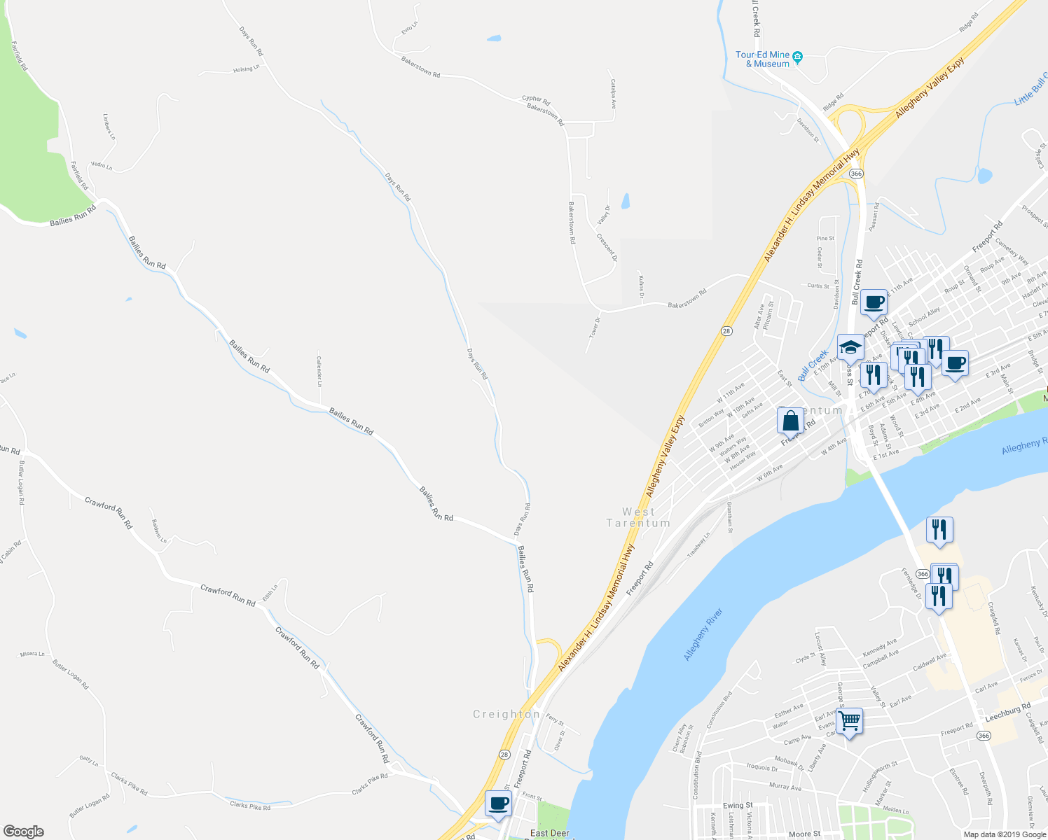 map of restaurants, bars, coffee shops, grocery stores, and more near 358 Days Run Road in Tarentum