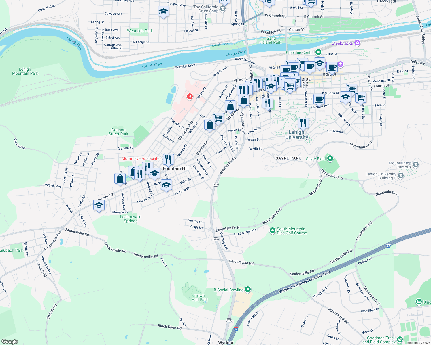 map of restaurants, bars, coffee shops, grocery stores, and more near 943 Moravia Street in Bethlehem