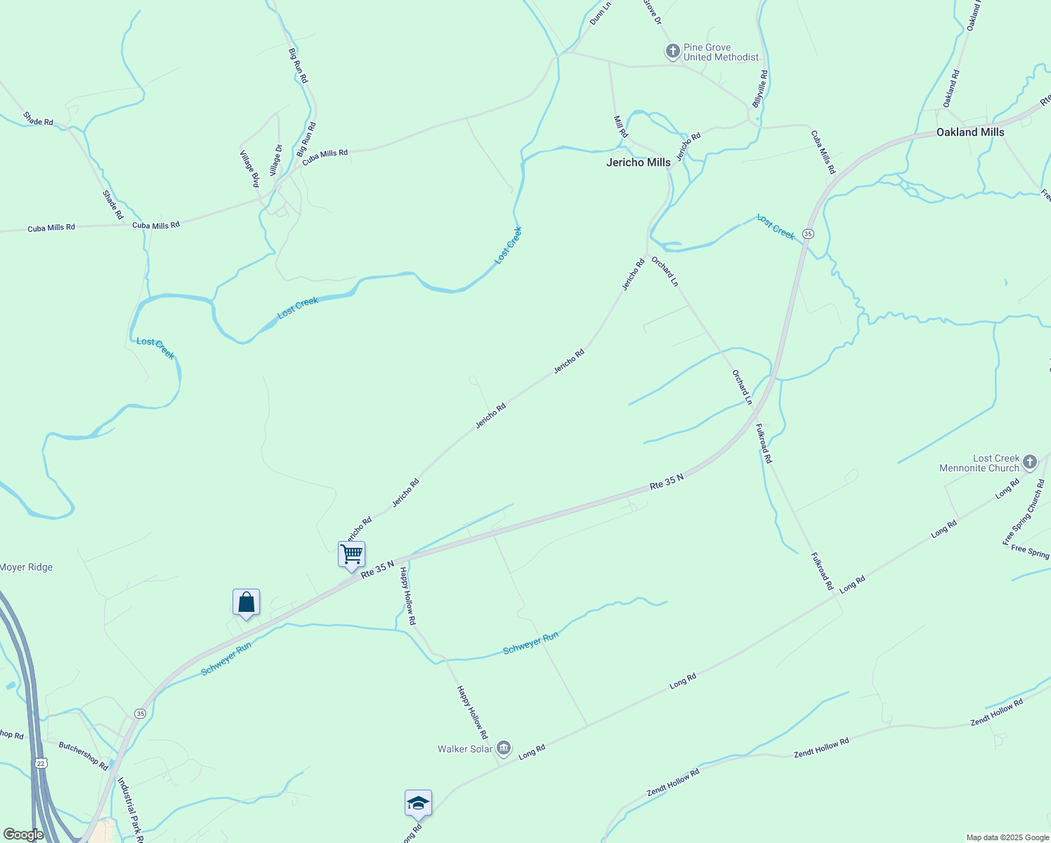 map of restaurants, bars, coffee shops, grocery stores, and more near 760 Jericho Road in Mifflintown