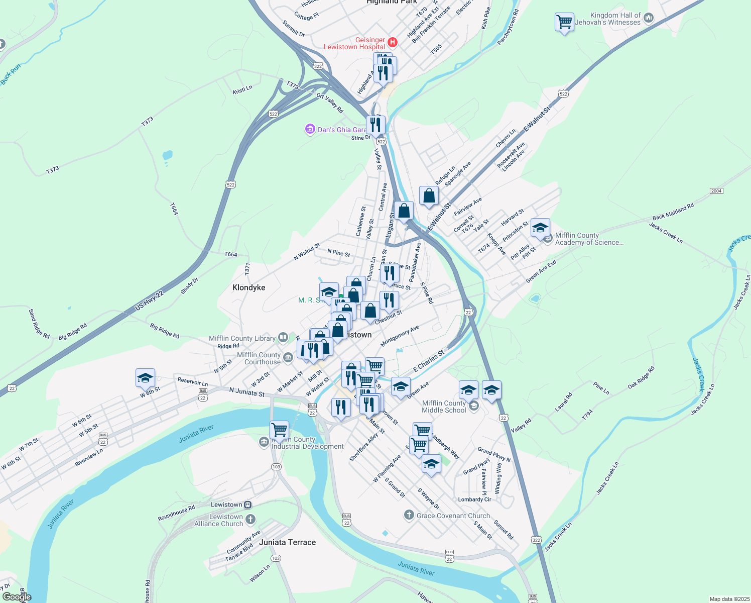 map of restaurants, bars, coffee shops, grocery stores, and more near 50 Logan Street in Lewistown