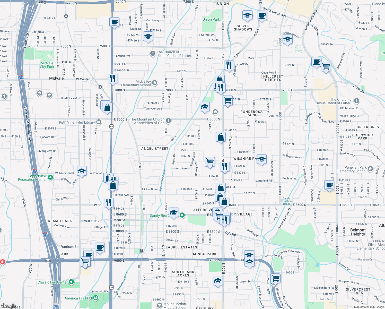 map of restaurants, bars, coffee shops, grocery stores, and more near 8248 South Romaine Drive in Sandy