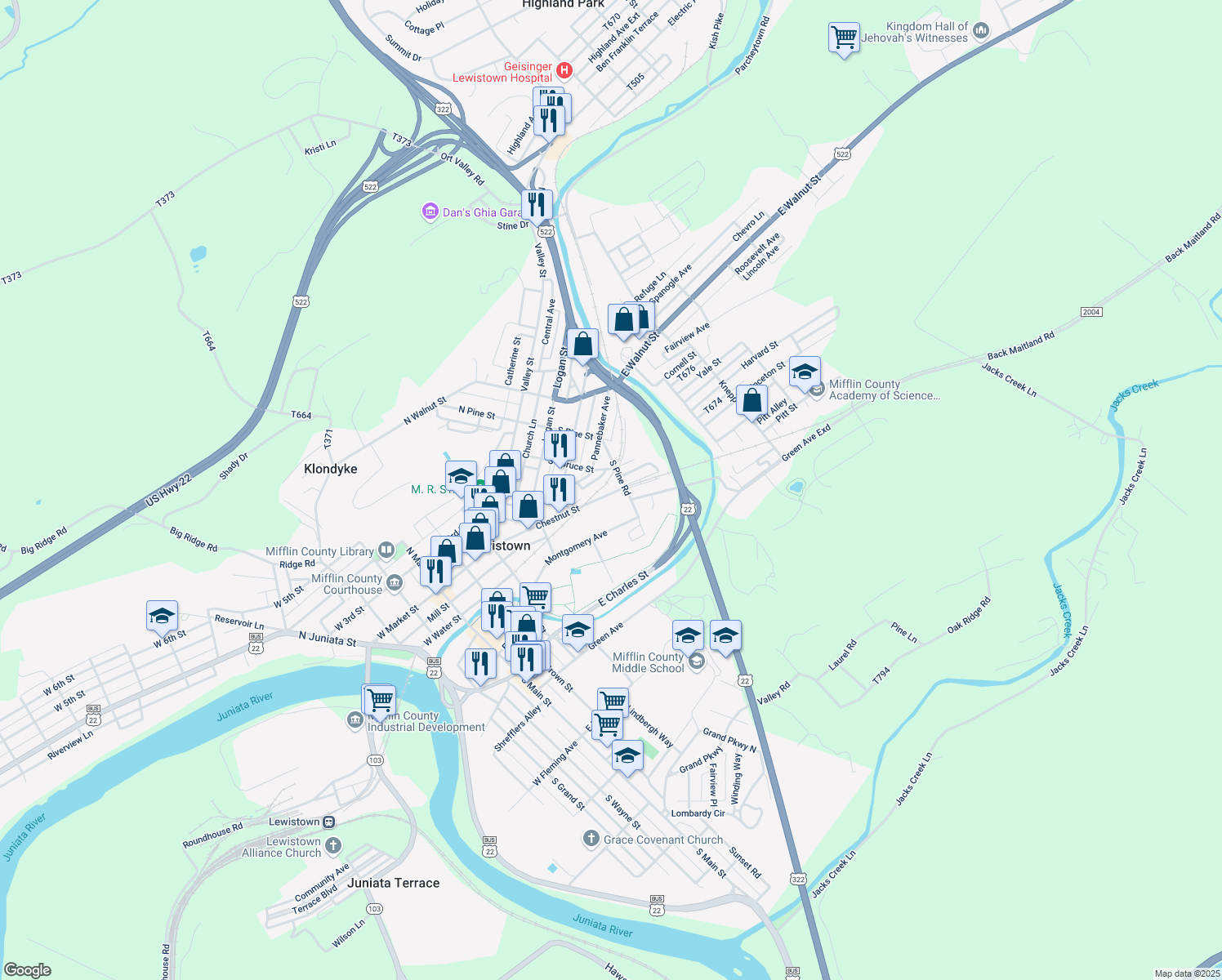 map of restaurants, bars, coffee shops, grocery stores, and more near 127 Chestnut Street in Lewistown