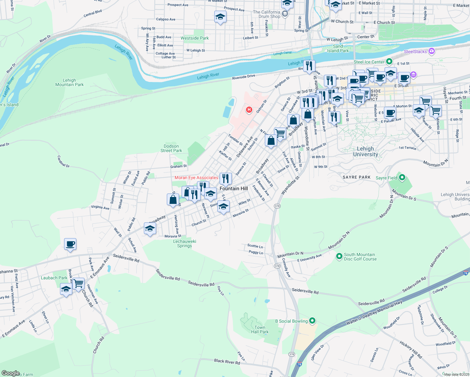 map of restaurants, bars, coffee shops, grocery stores, and more near 1140 Broadway in Fountain Hill