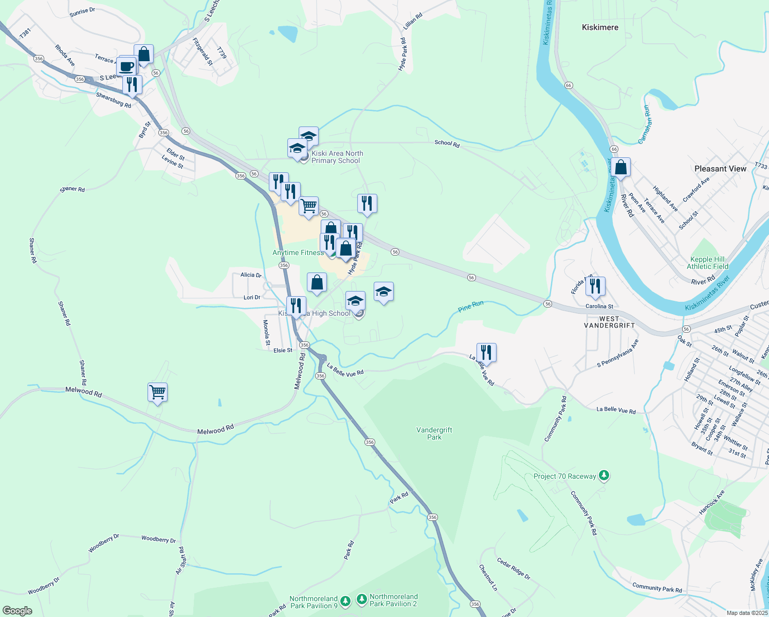 map of restaurants, bars, coffee shops, grocery stores, and more near 260 Hyde Park Rd in Vandergrift