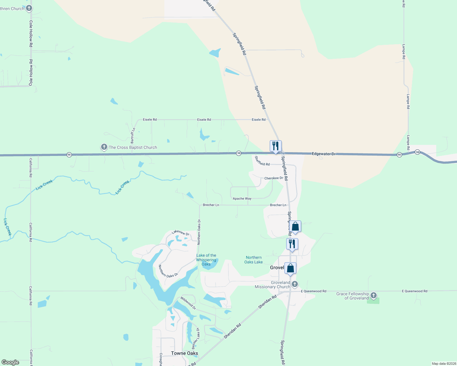 map of restaurants, bars, coffee shops, grocery stores, and more near 308 Apache Way in Groveland