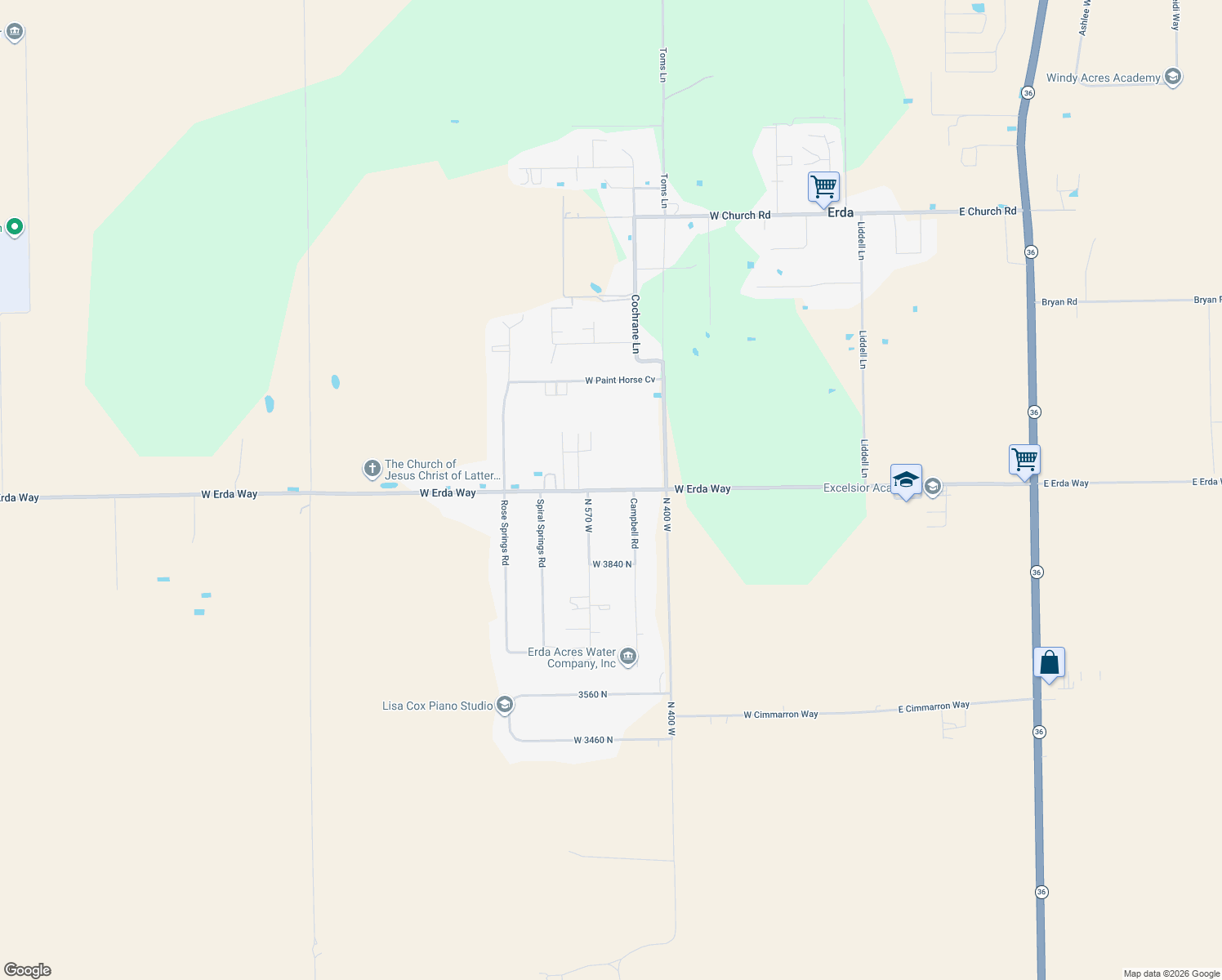 map of restaurants, bars, coffee shops, grocery stores, and more near 494 West Erda Way in Erda