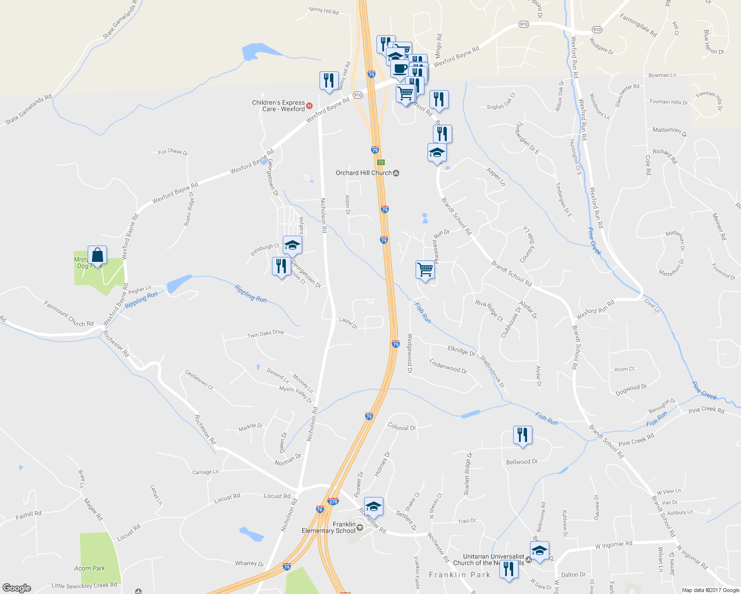 map of restaurants, bars, coffee shops, grocery stores, and more near 1745 Waterleaf Drive in Sewickley