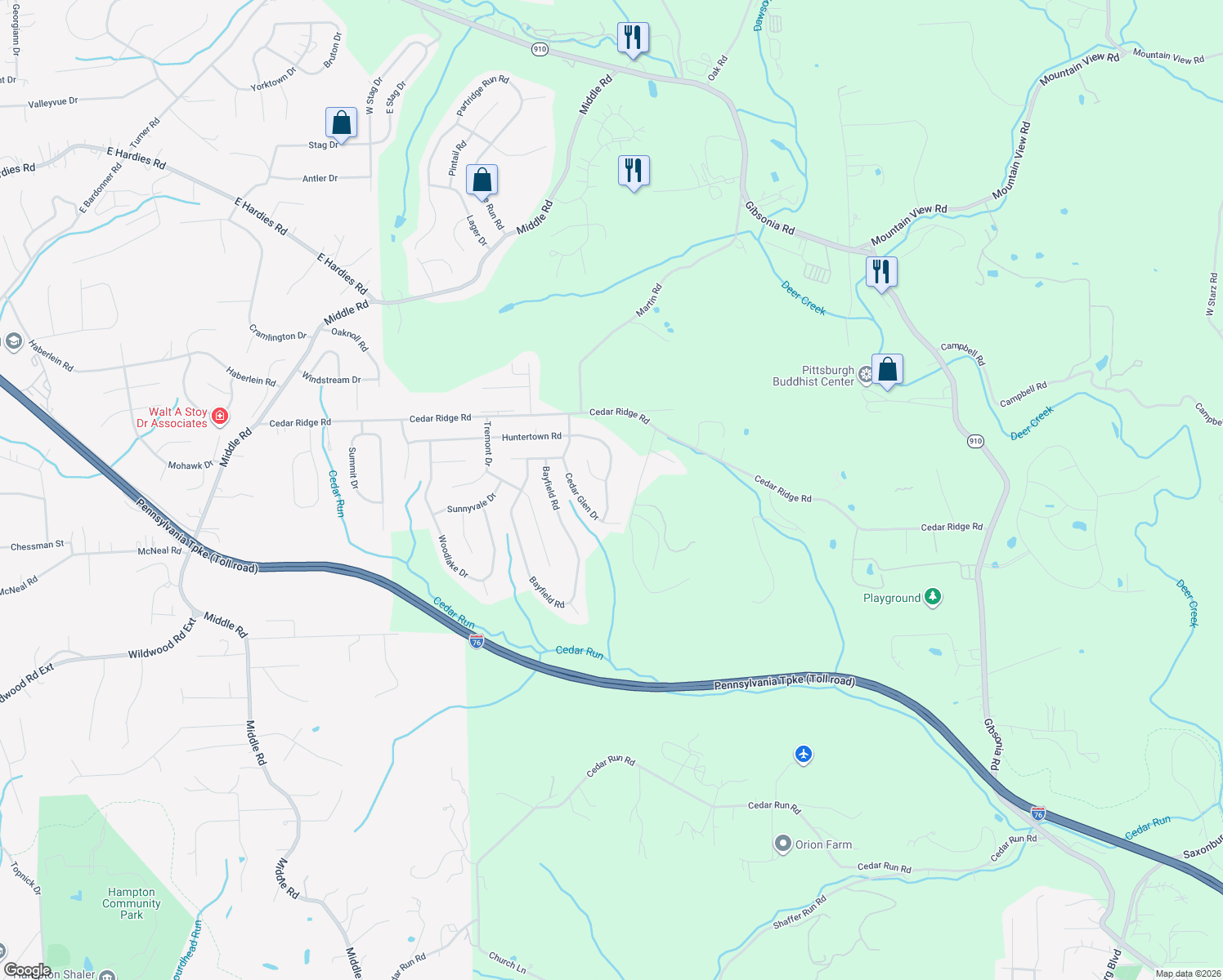 map of restaurants, bars, coffee shops, grocery stores, and more near 3570 Huntertown Road in Allegheny County