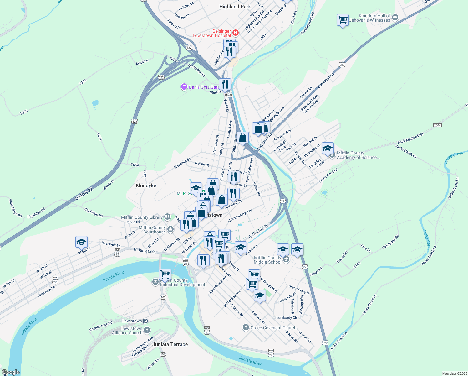 map of restaurants, bars, coffee shops, grocery stores, and more near 33 Shaw Avenue in Lewistown