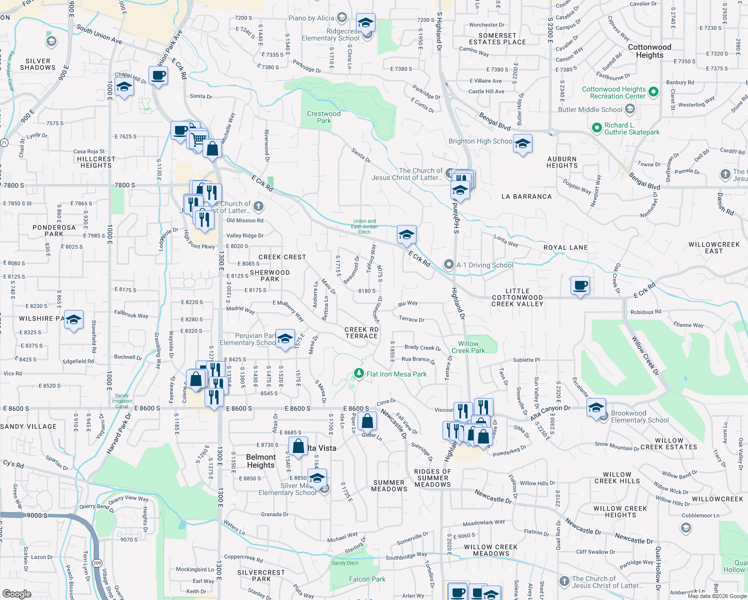 map of restaurants, bars, coffee shops, grocery stores, and more near 1781 Portal Way in Sandy