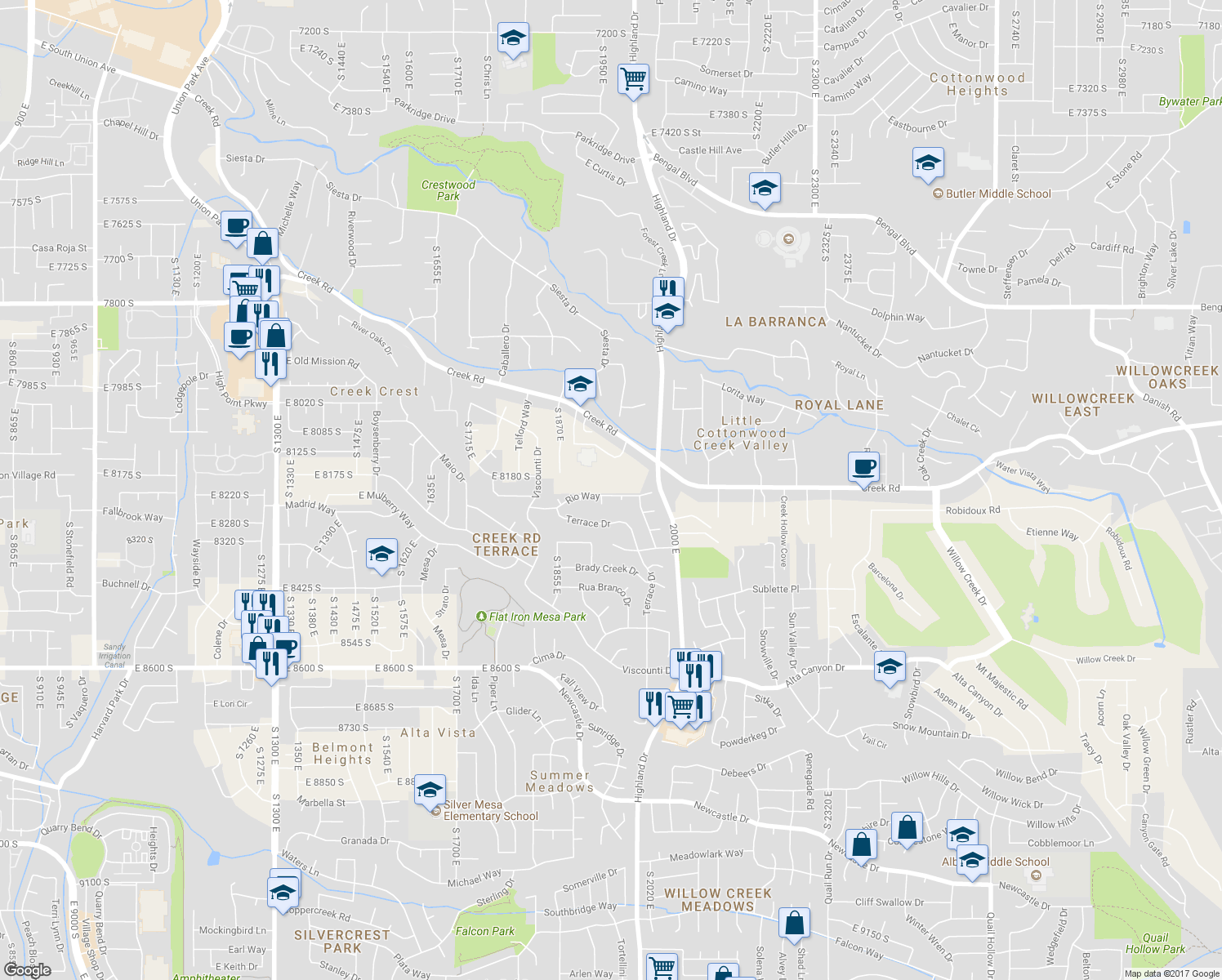 map of restaurants, bars, coffee shops, grocery stores, and more near 1957 Rio Way in Sandy