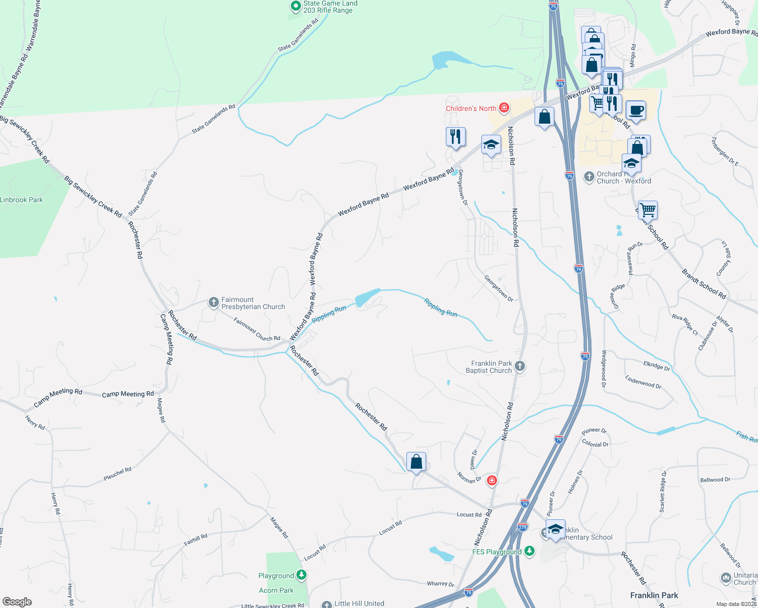 map of restaurants, bars, coffee shops, grocery stores, and more near 1635 Pegher Lane in Sewickley