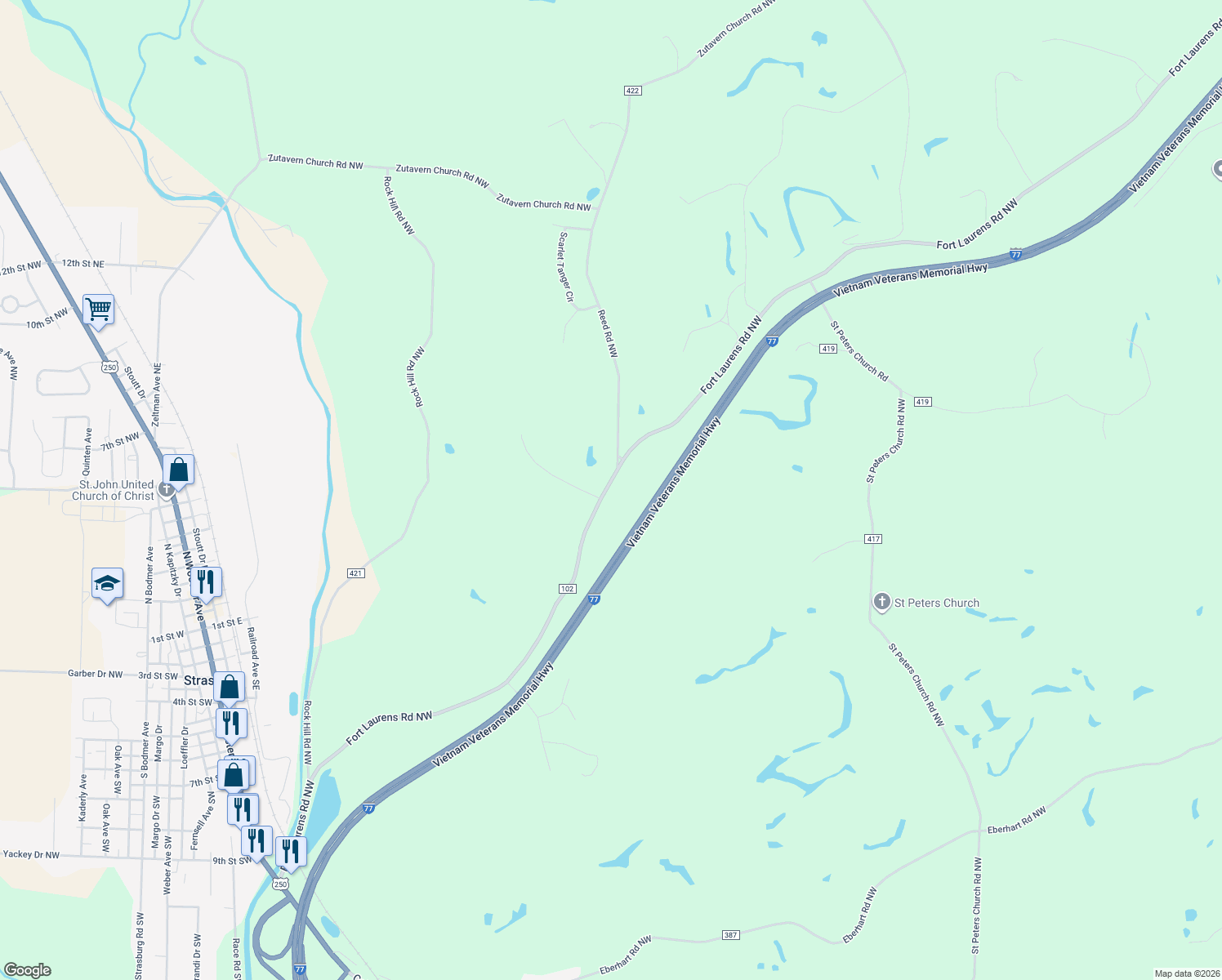 map of restaurants, bars, coffee shops, grocery stores, and more near 8151 Fort Laurens Road Northwest in Strasburg