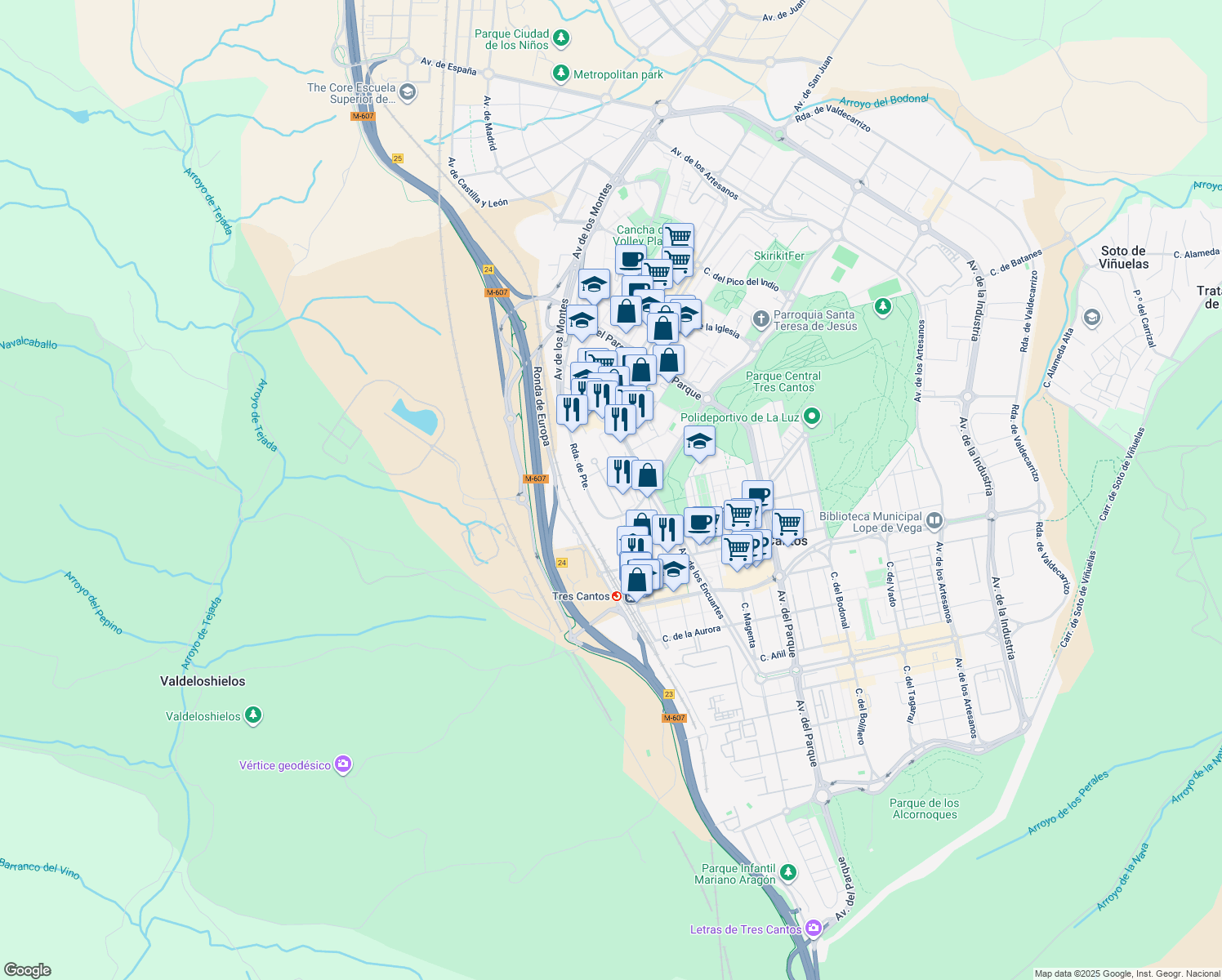 map of restaurants, bars, coffee shops, grocery stores, and more near 4 Ronda de Poniente in Tres Cantos