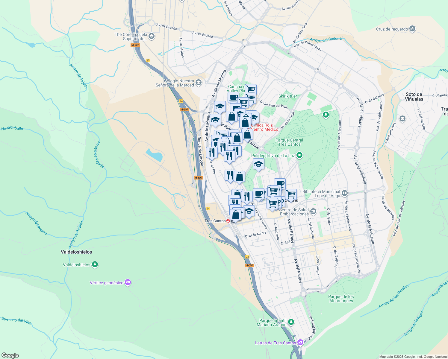 map of restaurants, bars, coffee shops, grocery stores, and more near 4 Ronda de Poniente in Tres Cantos