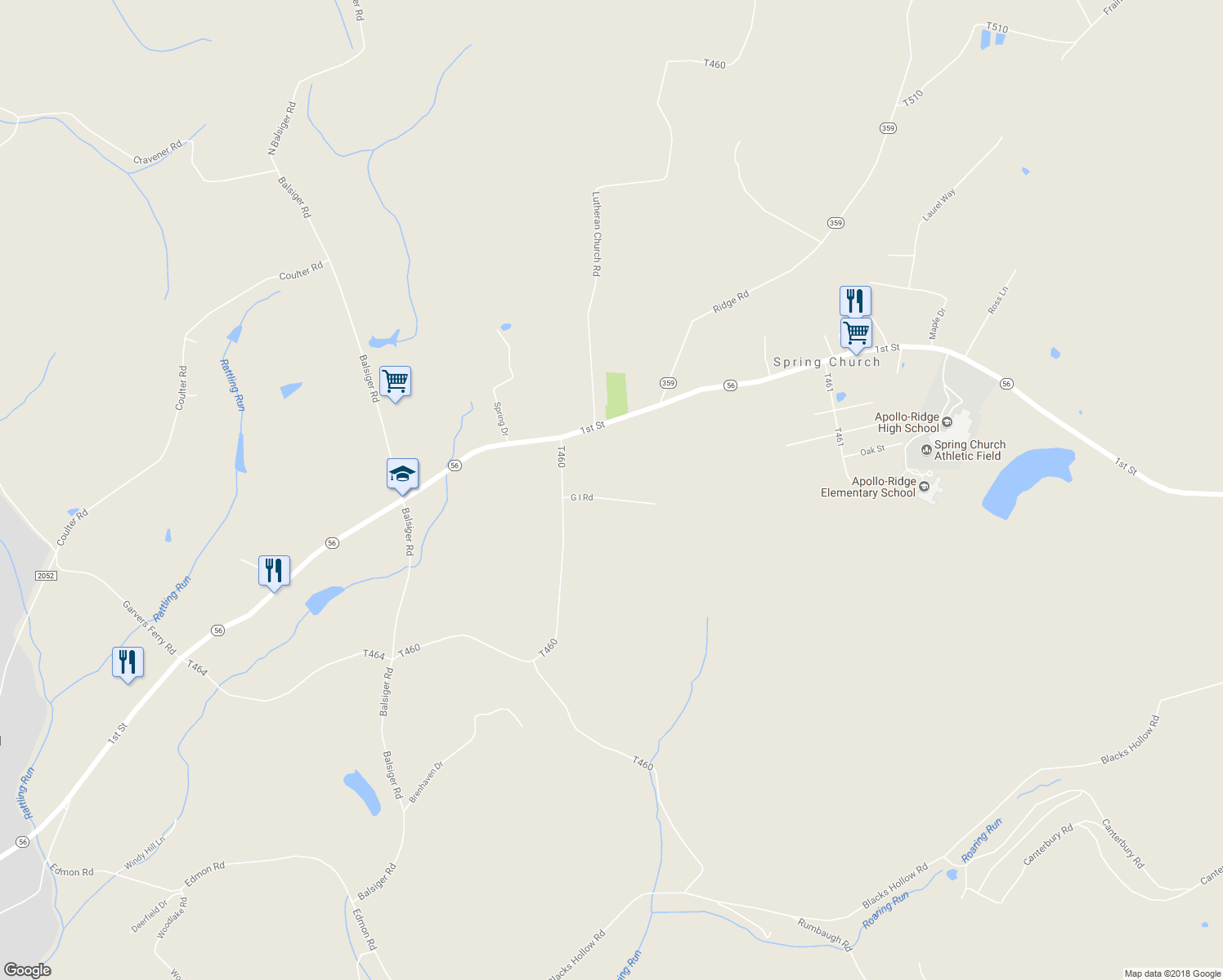 map of restaurants, bars, coffee shops, grocery stores, and more near 1331 G I Road in Apollo