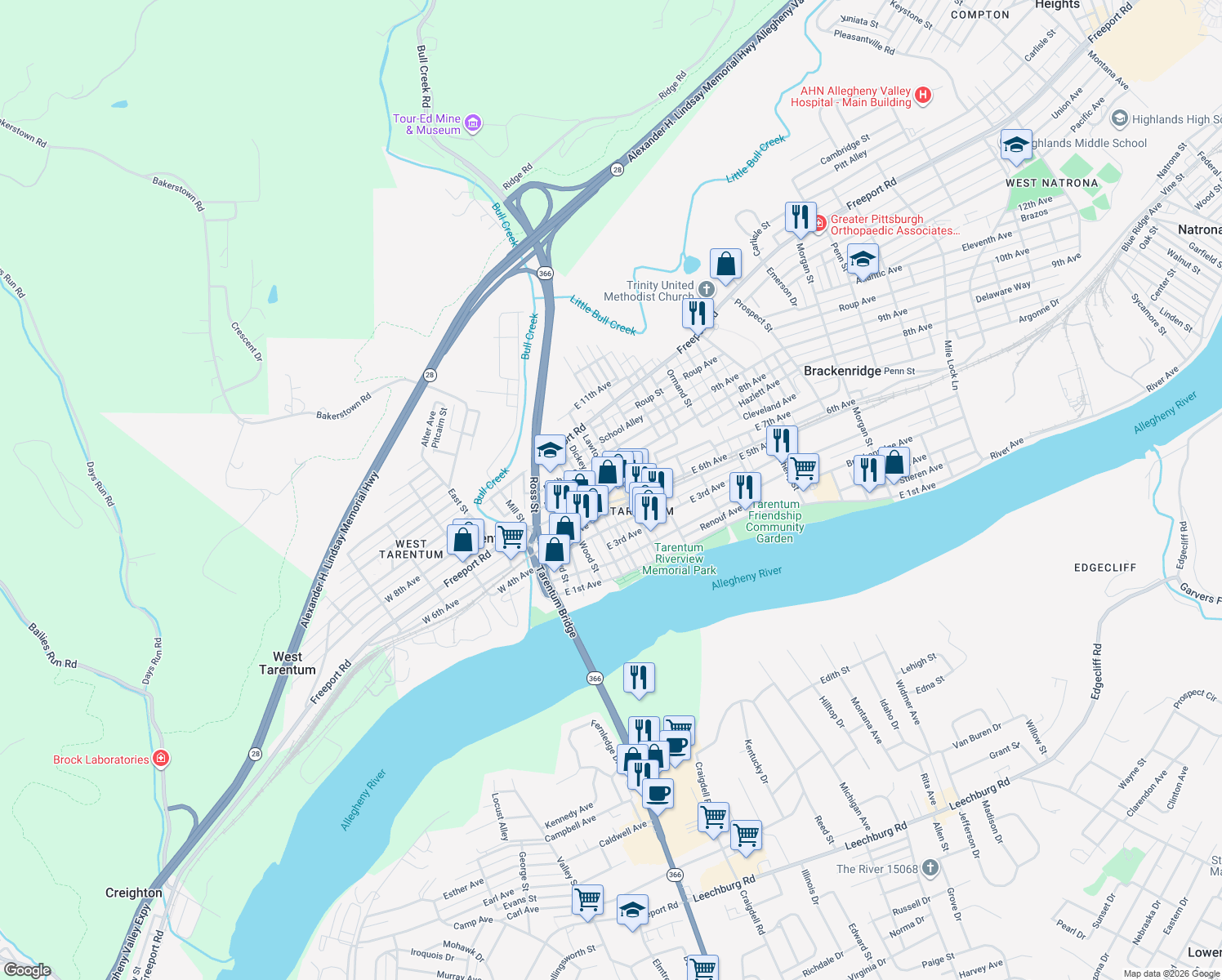 map of restaurants, bars, coffee shops, grocery stores, and more near 332 E 7th Ave in Tarentum