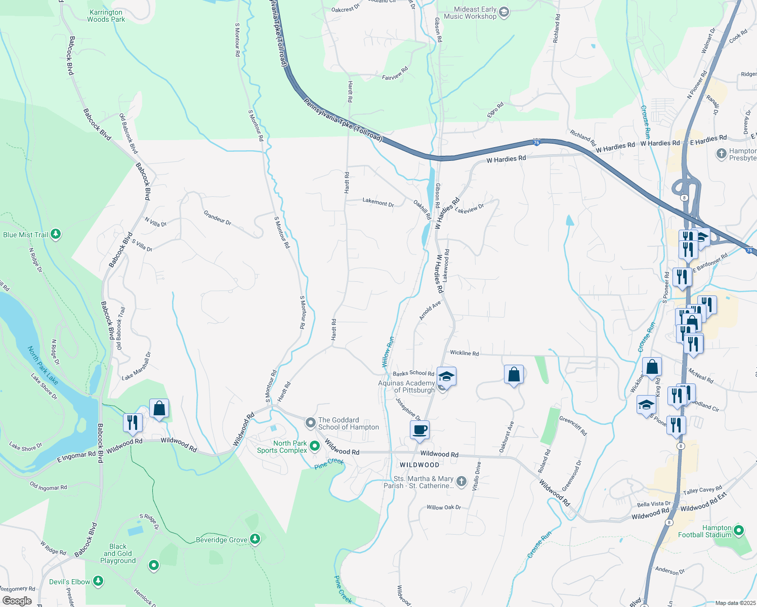 map of restaurants, bars, coffee shops, grocery stores, and more near 2418 Degenhardt Road in Gibsonia